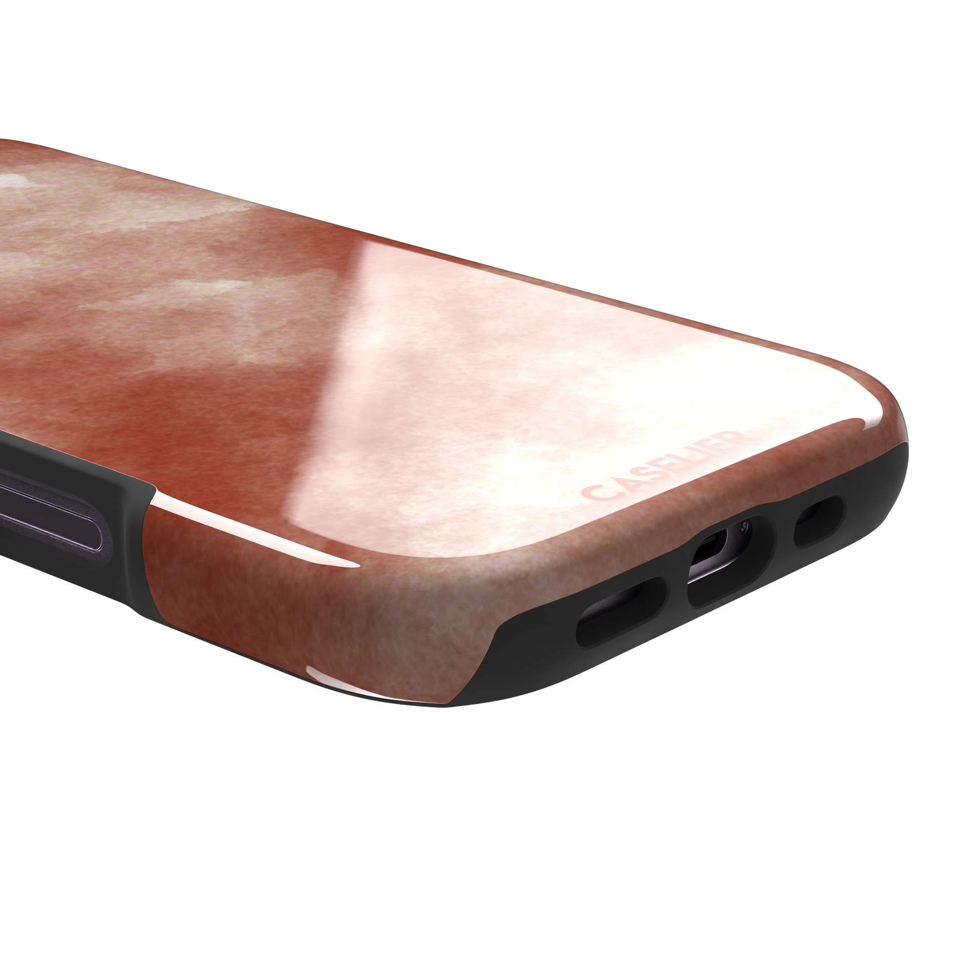 Red watercolor phone case with soft terracotta and cream cloud-like wash pattern, phone case by Caselier — tough case, charging port detail