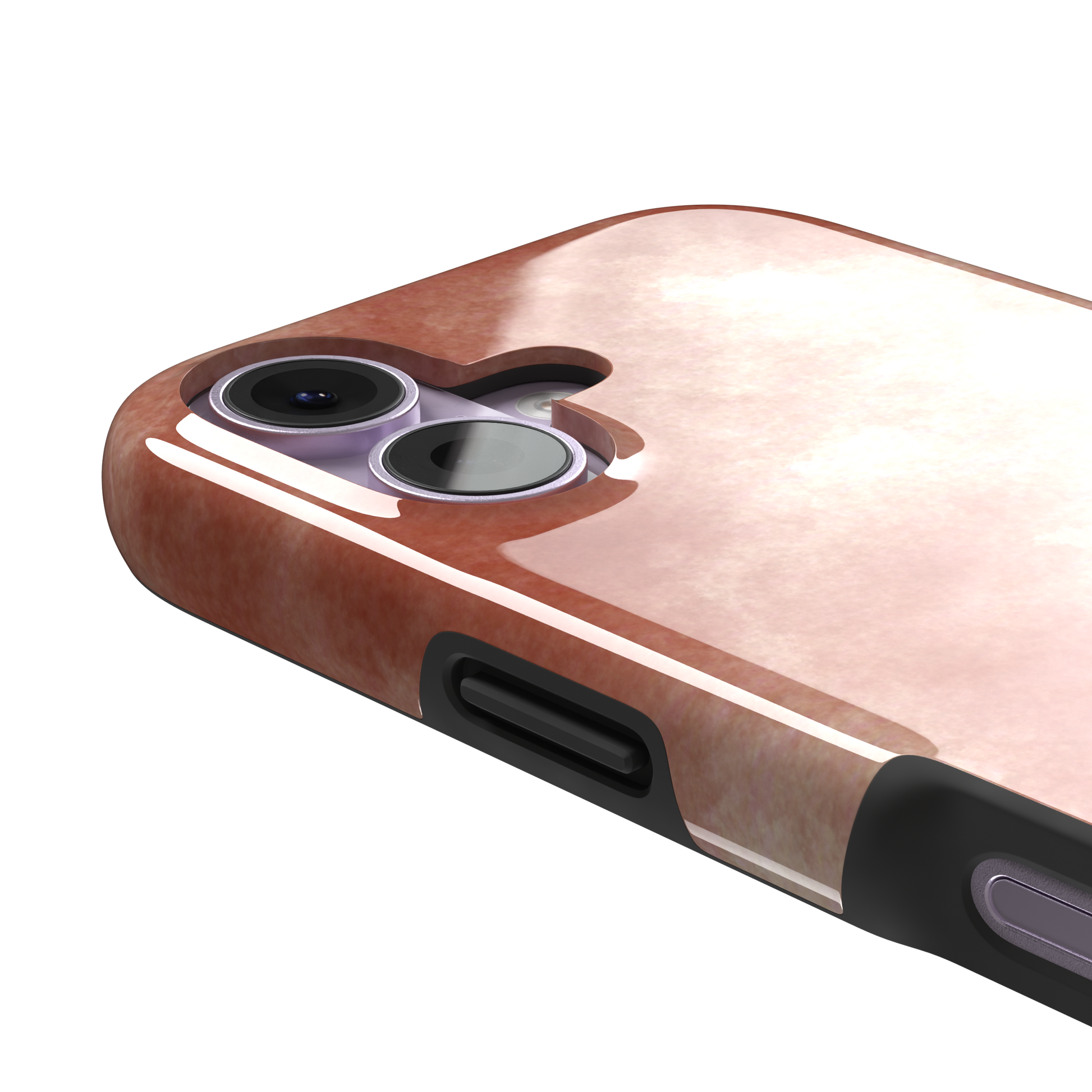 Red watercolor phone case with soft terracotta and cream cloud-like wash pattern, phone case by Caselier — tough case, volume buttons detail