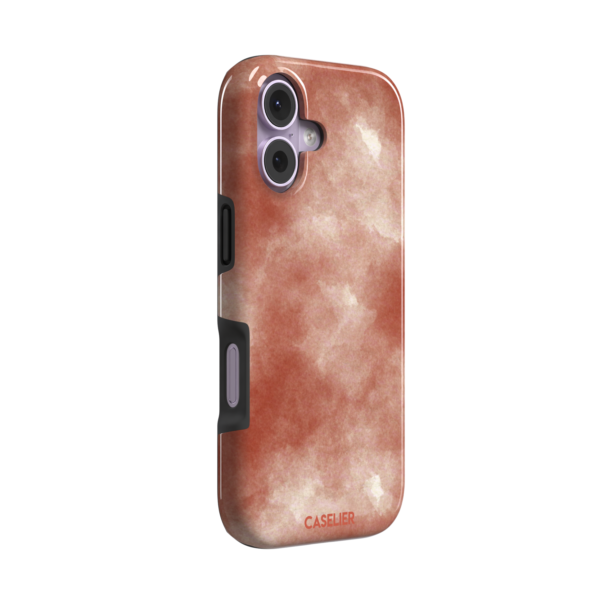 Red watercolor phone case with soft terracotta and cream cloud-like wash pattern, phone case by Caselier — tough case, left view