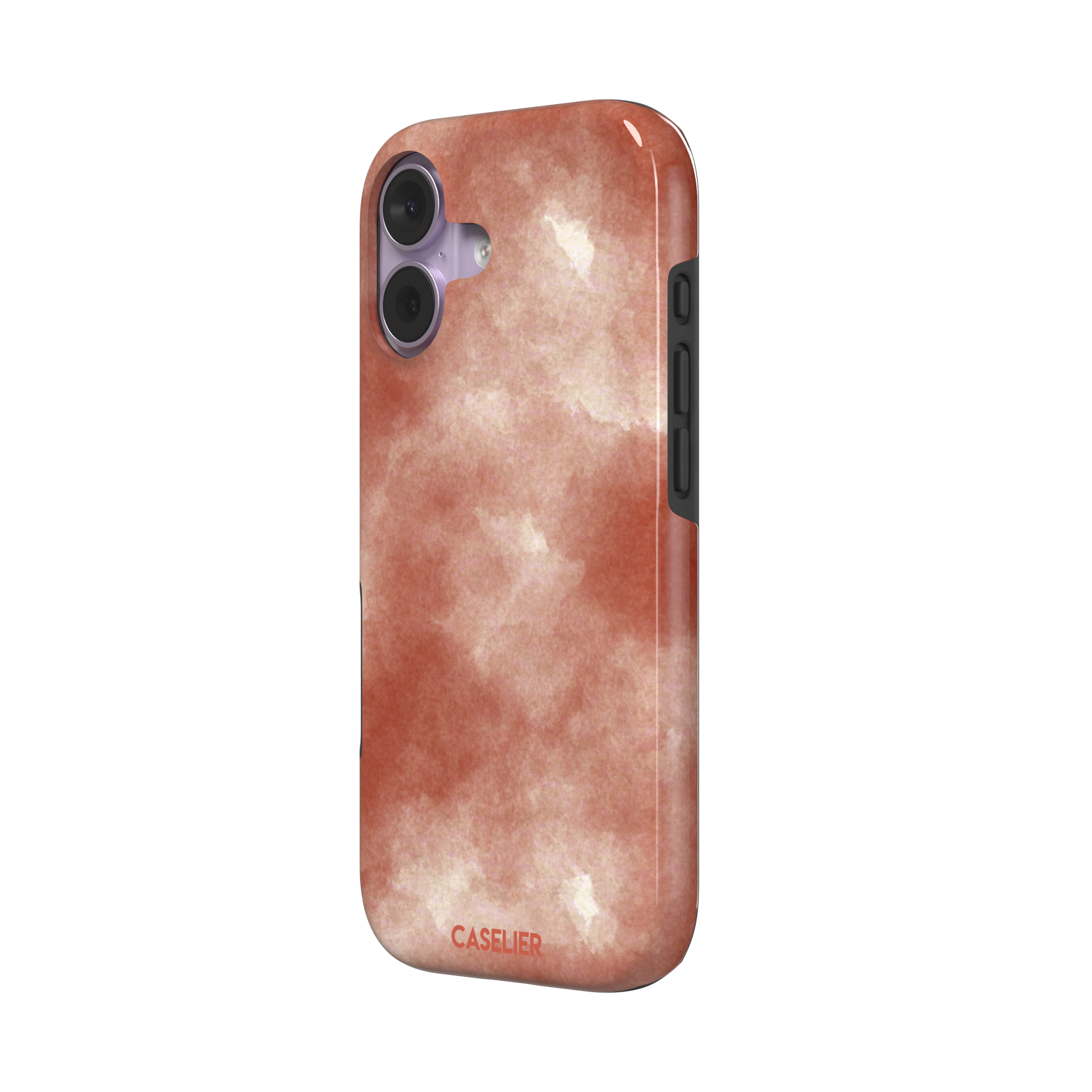 Red watercolor phone case with soft terracotta and cream cloud-like wash pattern, phone case by Caselier — tough case, right view