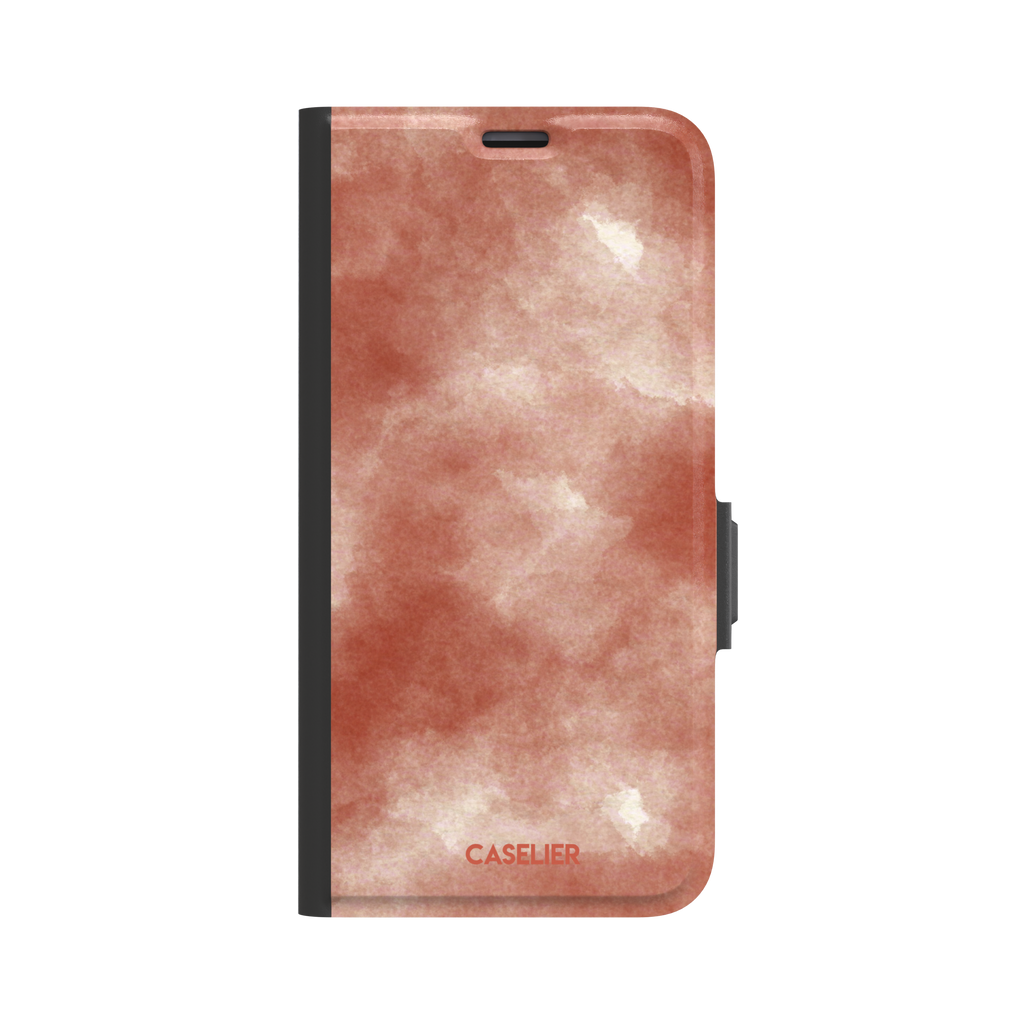 Red watercolor phone case with soft terracotta and cream cloud-like wash pattern, phone case by Caselier — wallet case, front view