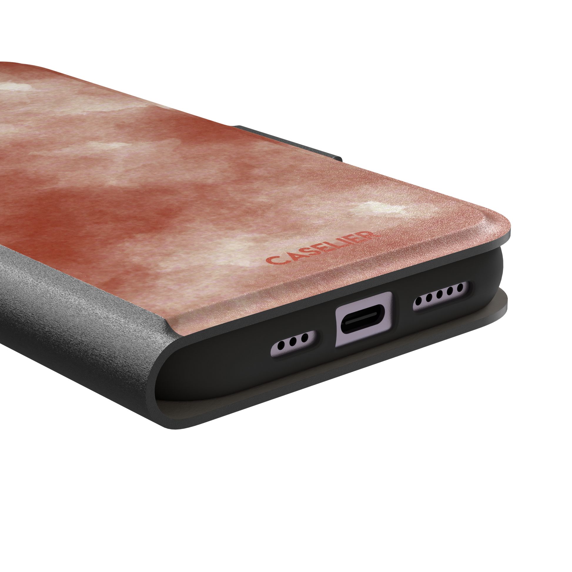 Red watercolor phone case with soft terracotta and cream cloud-like wash pattern, phone case by Caselier — wallet case, charging port detail