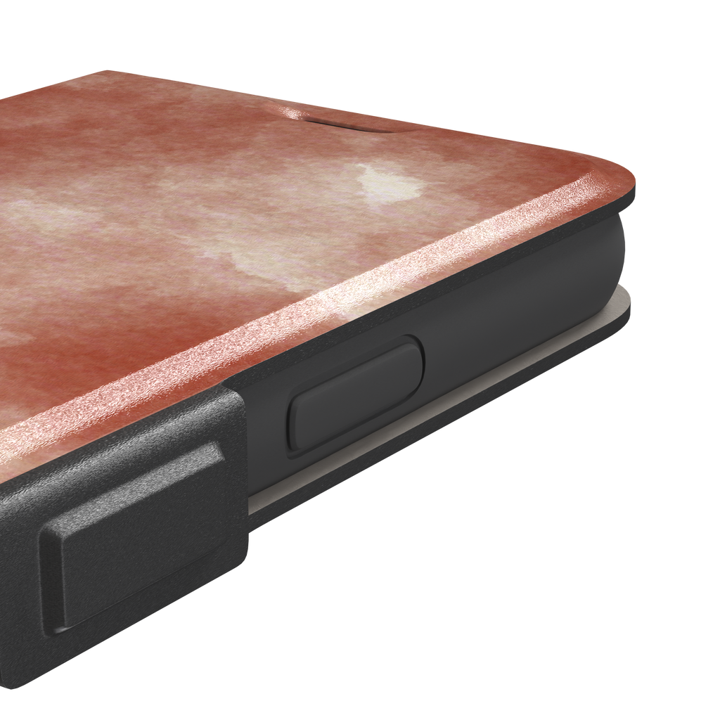Red watercolor phone case with soft terracotta and cream cloud-like wash pattern, phone case by Caselier — wallet case, volume buttons detail