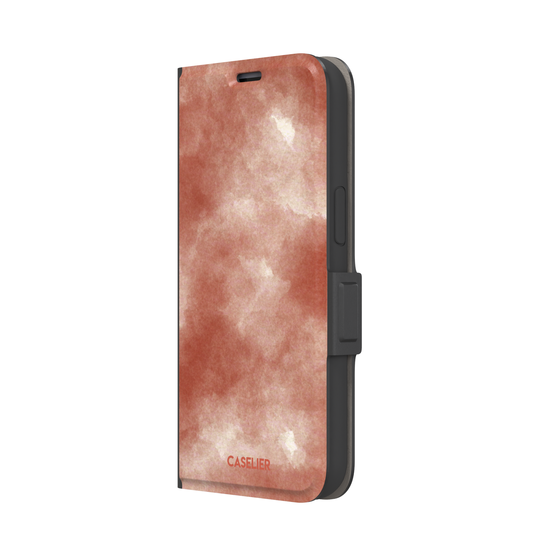 Red watercolor phone case with soft terracotta and cream cloud-like wash pattern, phone case by Caselier — wallet case, right view