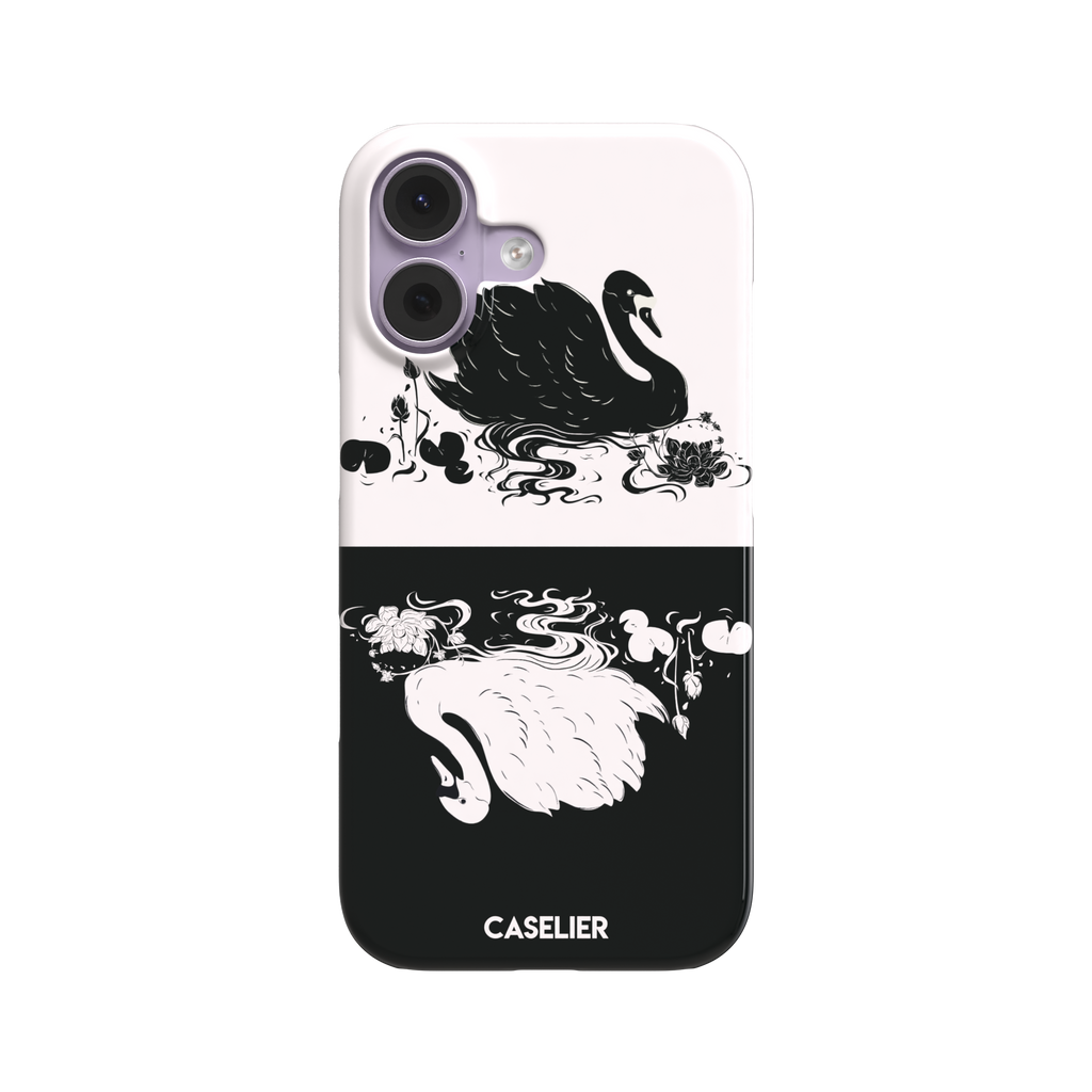 Reflection phone case in inverted colorway with a black swan on a cream upper half and a white swan on a deep black lower half, with matching lotus and water motifs — snap case, front view