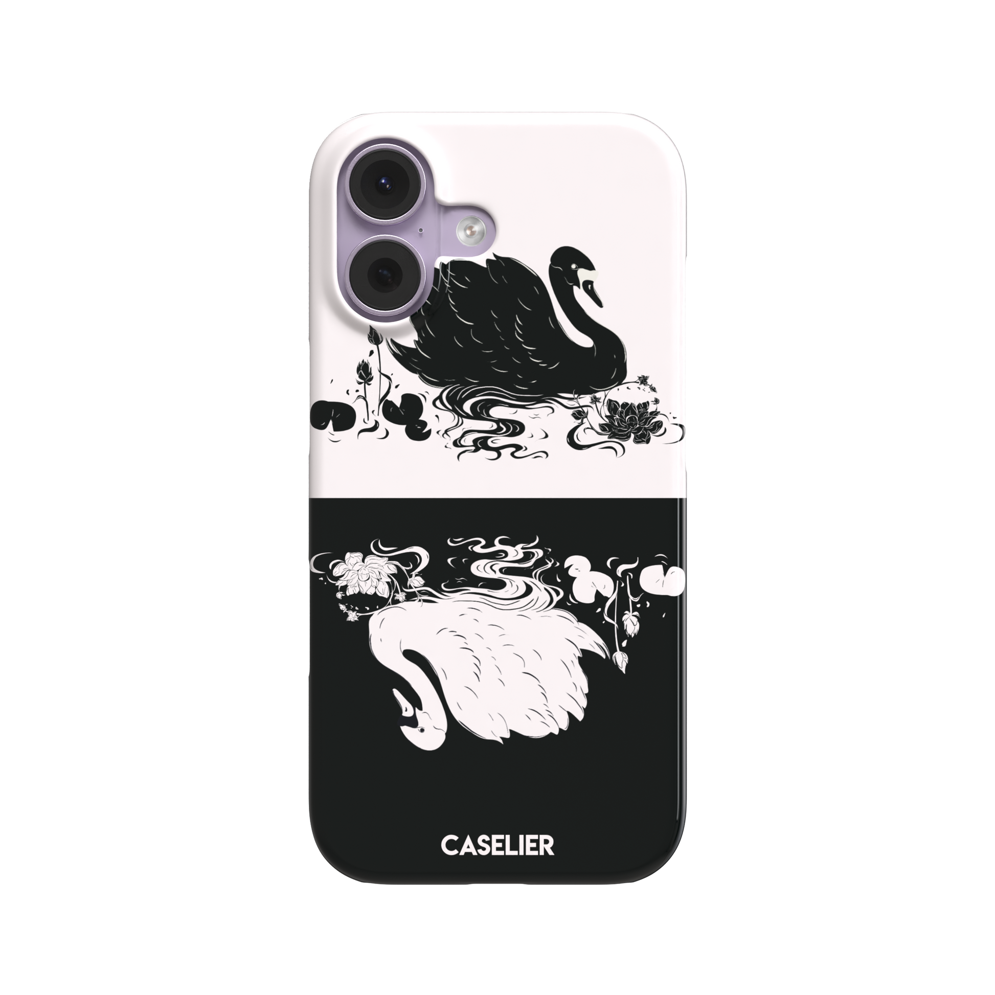 Reflection phone case in inverted colorway with a black swan on a cream upper half and a white swan on a deep black lower half, with matching lotus and water motifs — snap case, front view