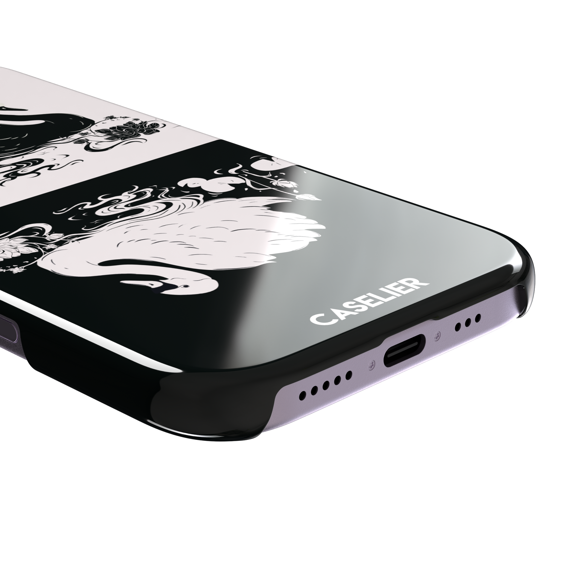 Reflection phone case in inverted colorway with a black swan on a cream upper half and a white swan on a deep black lower half, with matching lotus and water motifs — snap case, charging port detail