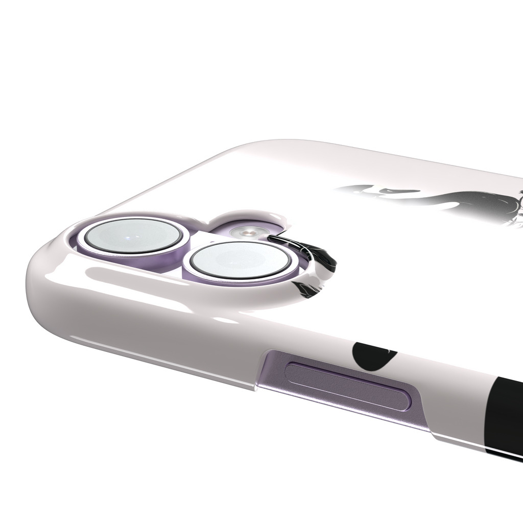 Reflection phone case in inverted colorway with a black swan on a cream upper half and a white swan on a deep black lower half, with matching lotus and water motifs — snap case, volume buttons detail