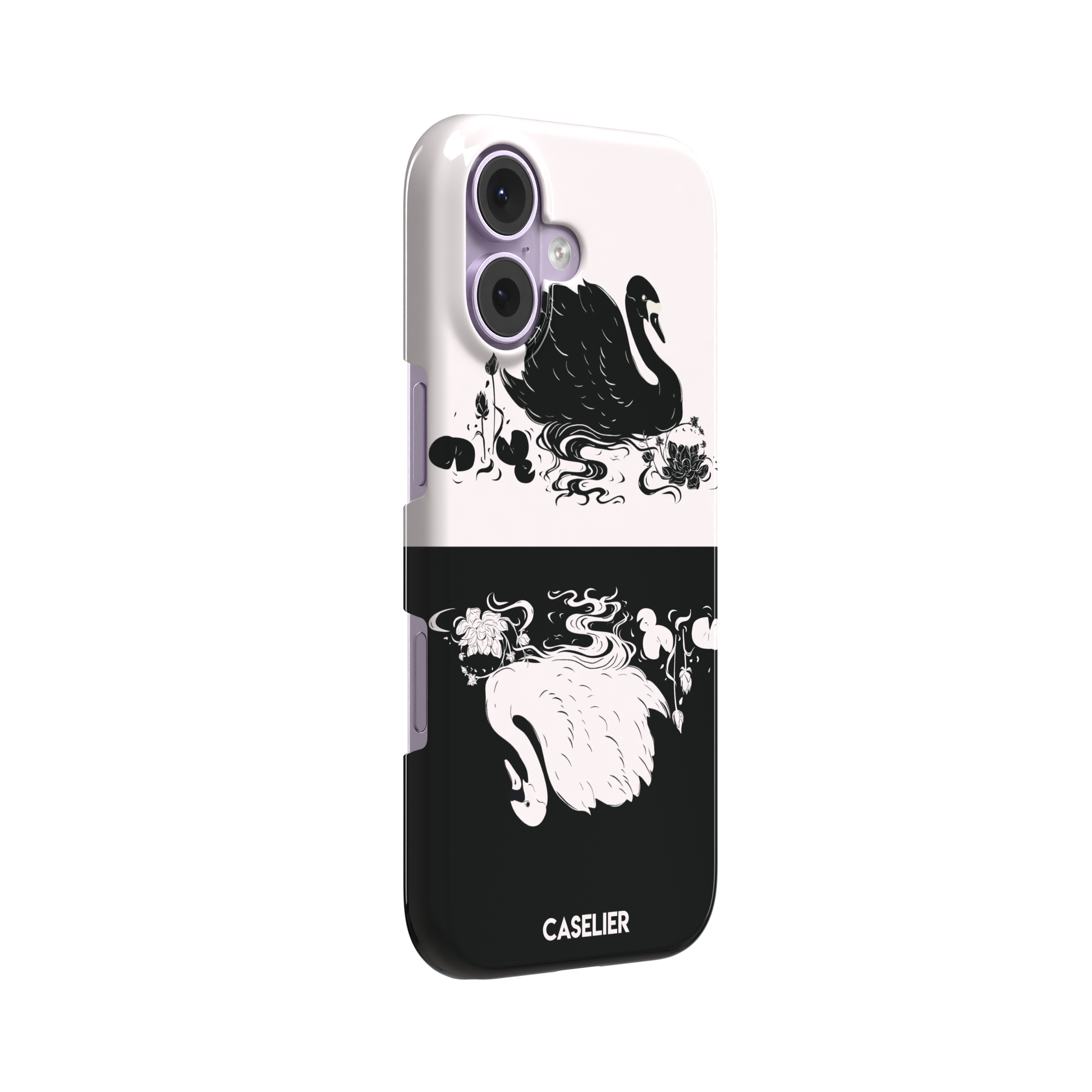 Reflection phone case in inverted colorway with a black swan on a cream upper half and a white swan on a deep black lower half, with matching lotus and water motifs — snap case, left view