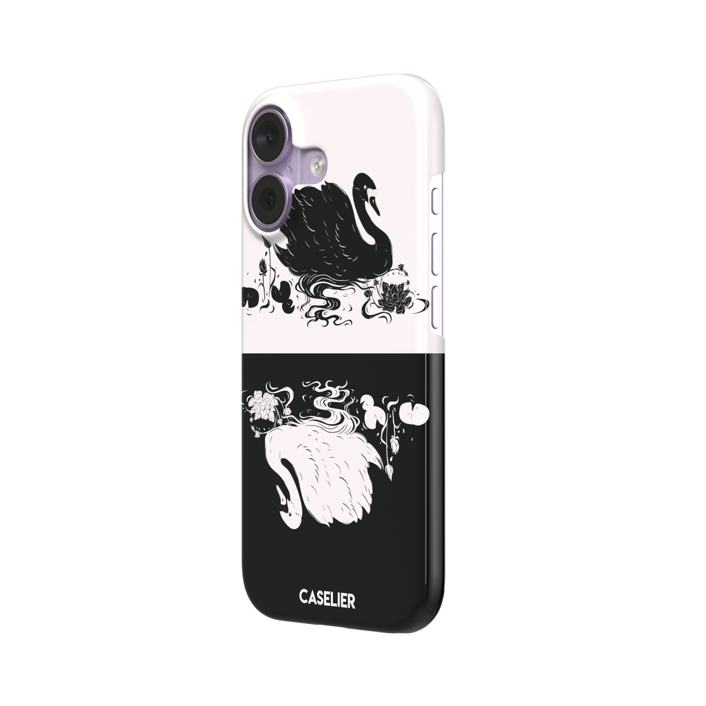 Reflection phone case in inverted colorway with a black swan on a cream upper half and a white swan on a deep black lower half, with matching lotus and water motifs — snap case, right view