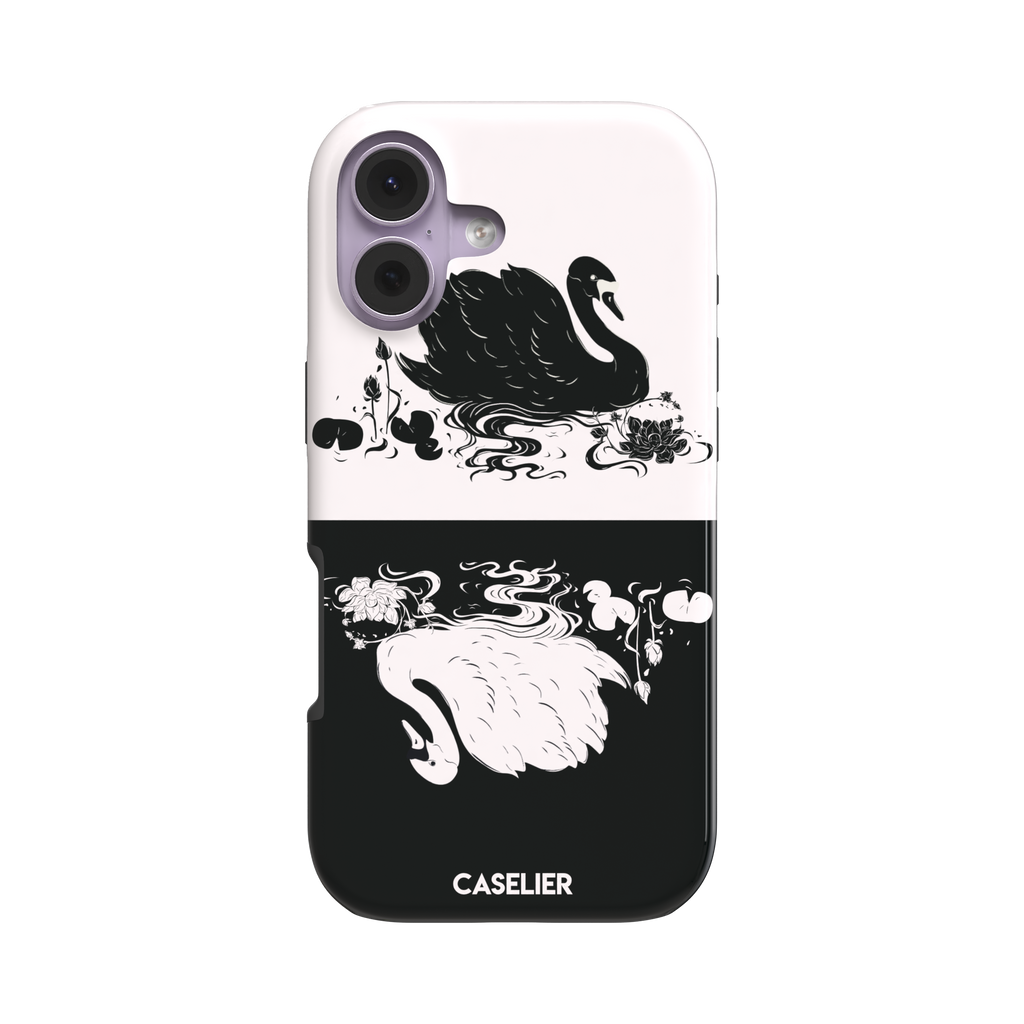 Reflection phone case in inverted colorway with a black swan on a cream upper half and a white swan on a deep black lower half, with matching lotus and water motifs — tough case, front view