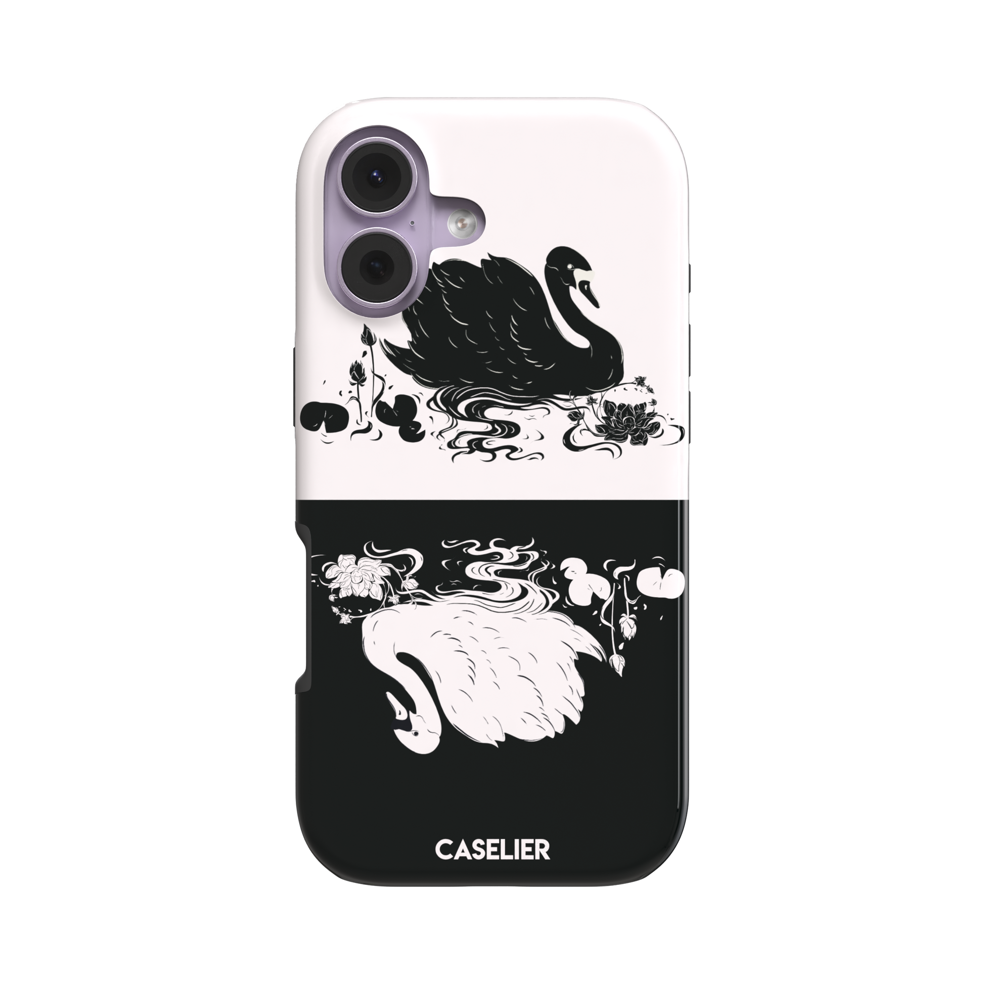 Reflection phone case in inverted colorway with a black swan on a cream upper half and a white swan on a deep black lower half, with matching lotus and water motifs — tough case, front view