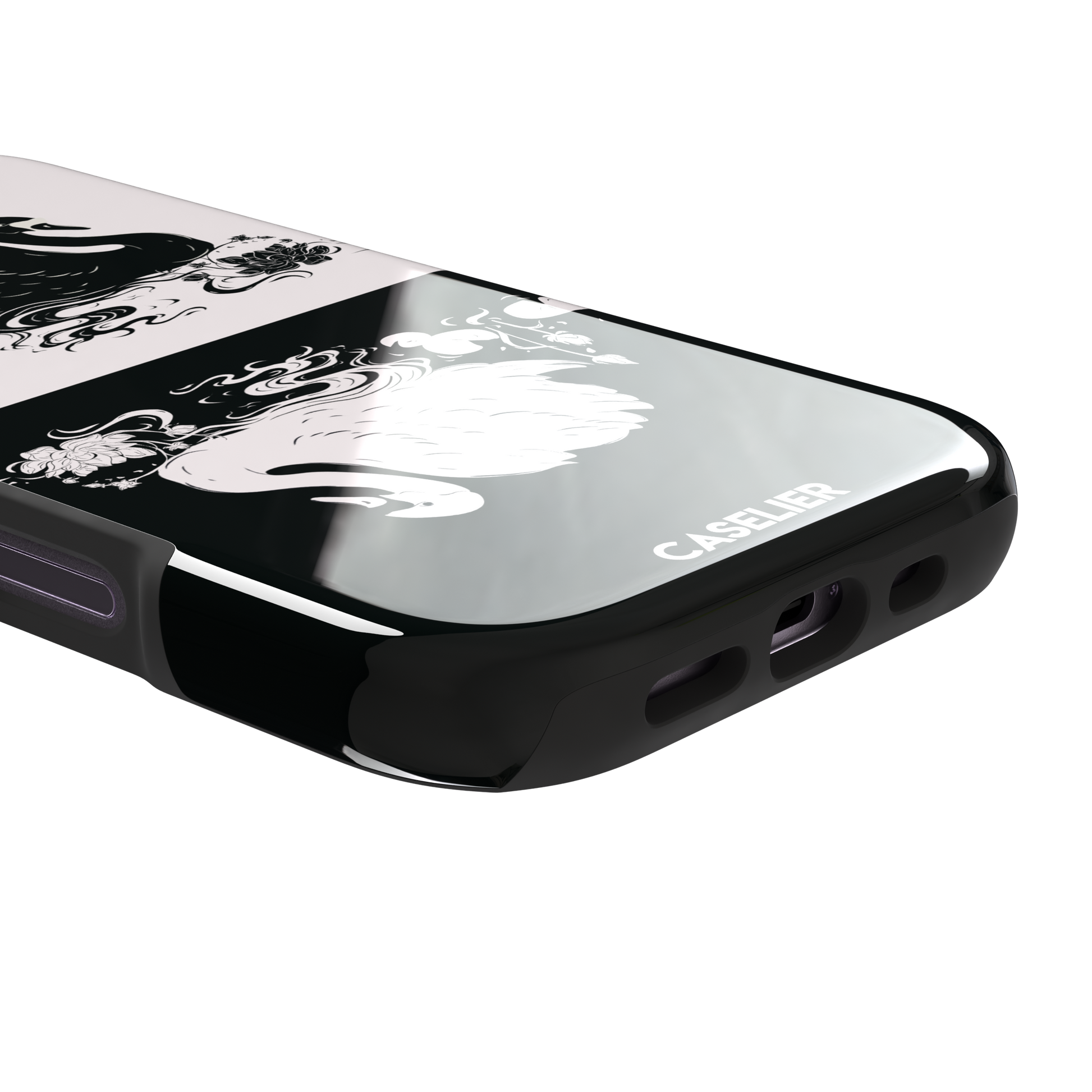 Reflection phone case in inverted colorway with a black swan on a cream upper half and a white swan on a deep black lower half, with matching lotus and water motifs — tough case, charging port detail