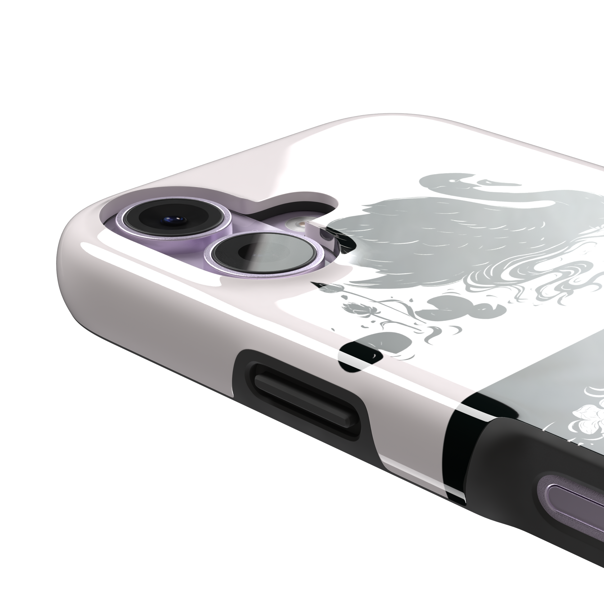 Reflection phone case in inverted colorway with a black swan on a cream upper half and a white swan on a deep black lower half, with matching lotus and water motifs — tough case, volume buttons detail