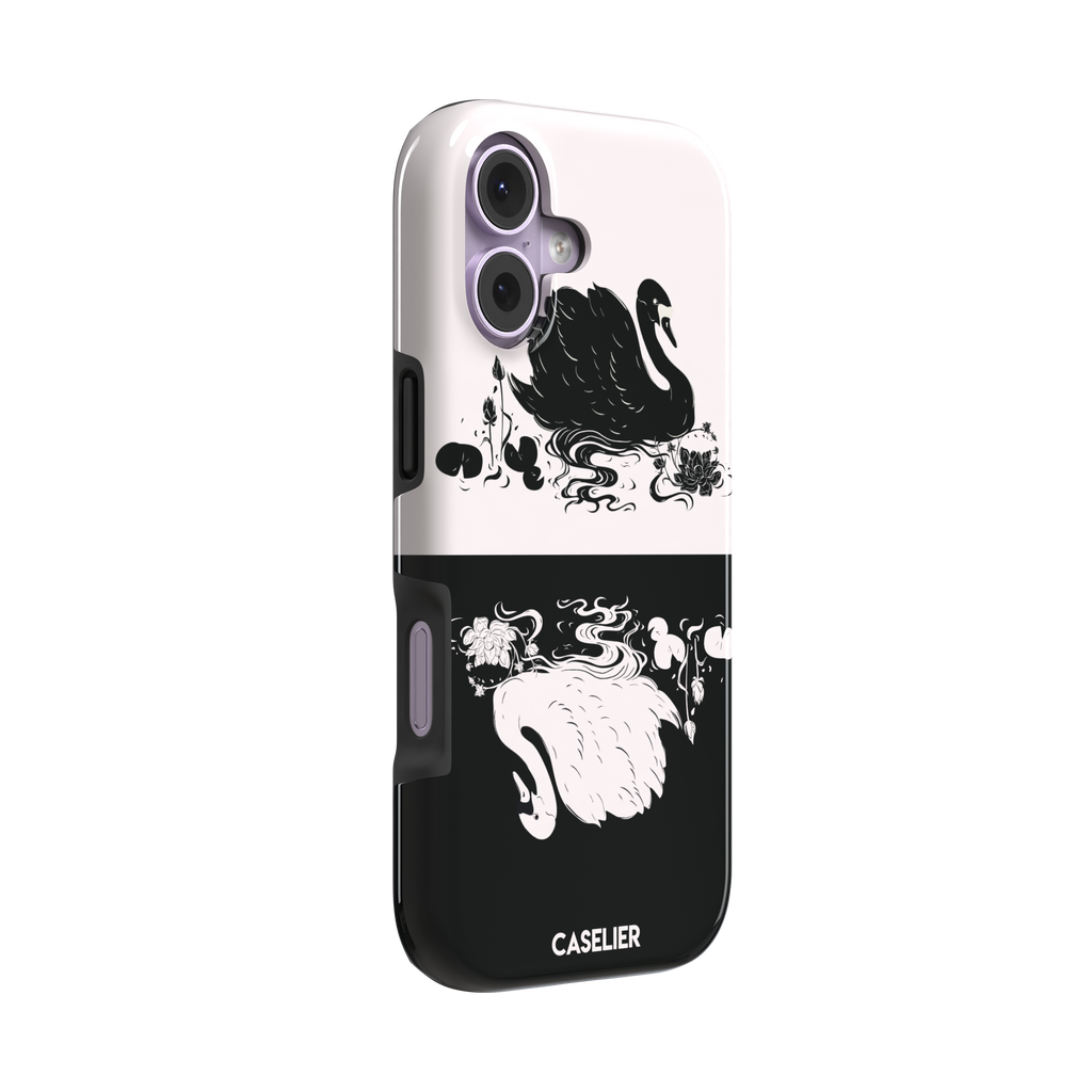 Reflection phone case in inverted colorway with a black swan on a cream upper half and a white swan on a deep black lower half, with matching lotus and water motifs — tough case, left view
