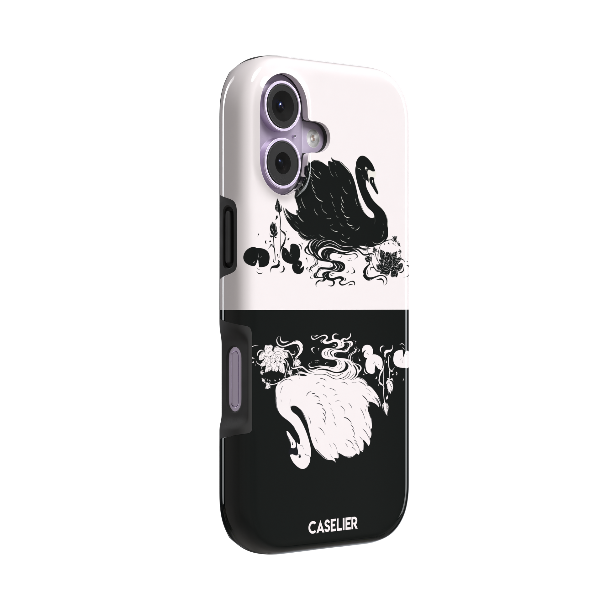 Reflection phone case in inverted colorway with a black swan on a cream upper half and a white swan on a deep black lower half, with matching lotus and water motifs — tough case, left view