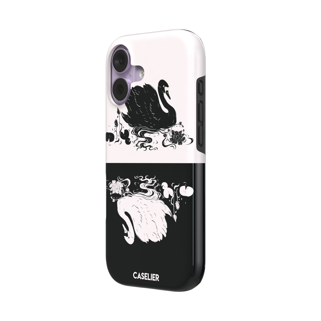 Reflection phone case in inverted colorway with a black swan on a cream upper half and a white swan on a deep black lower half, with matching lotus and water motifs — tough case, right view