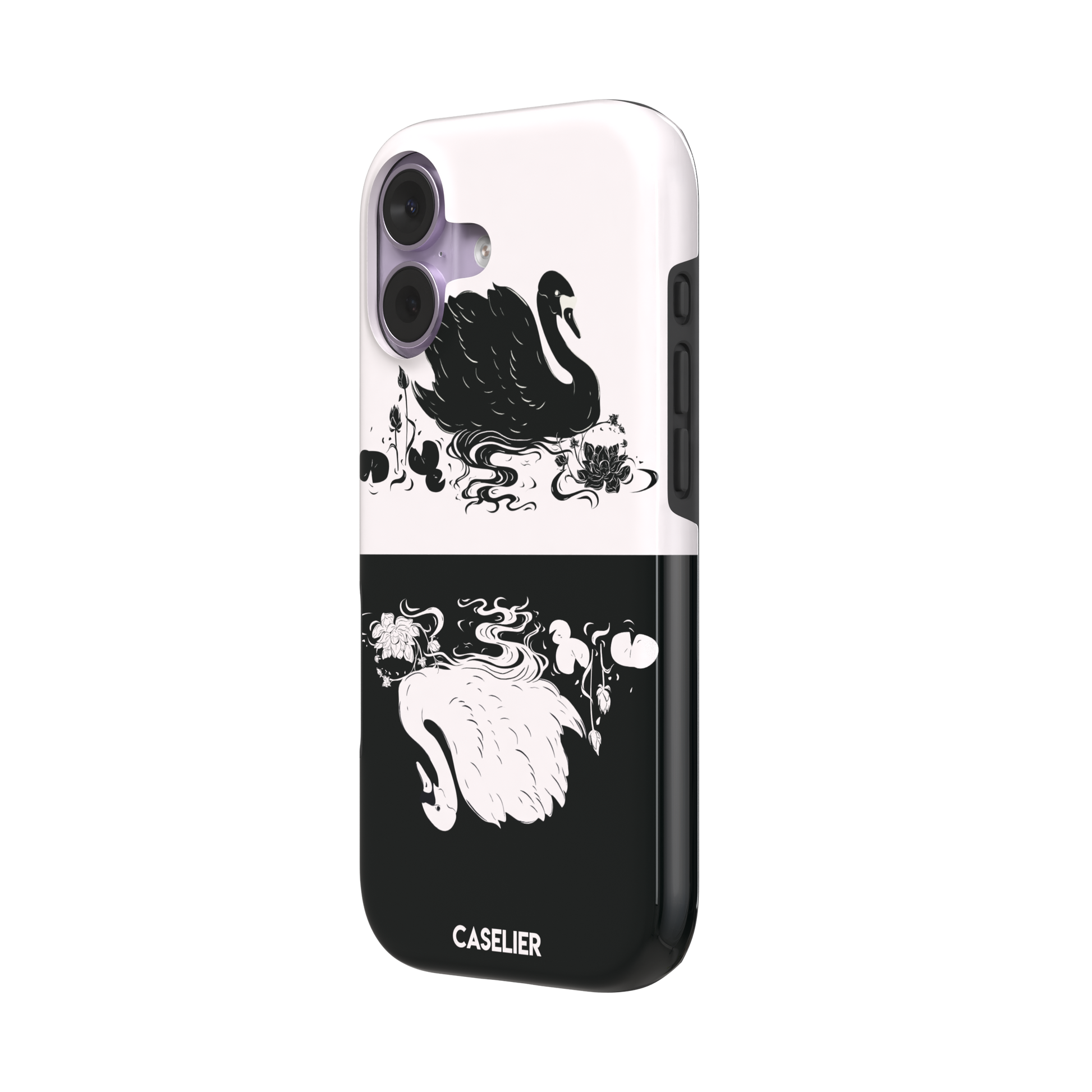 Reflection phone case in inverted colorway with a black swan on a cream upper half and a white swan on a deep black lower half, with matching lotus and water motifs — tough case, right view