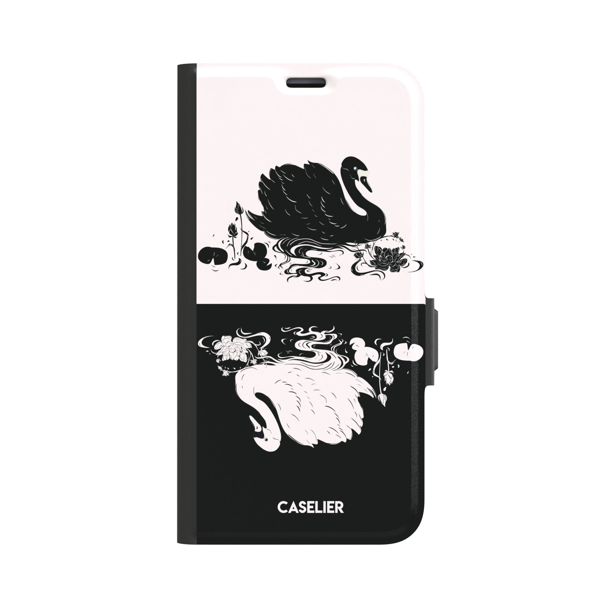 Reflection phone case in inverted colorway with a black swan on a cream upper half and a white swan on a deep black lower half, with matching lotus and water motifs — wallet case, front view