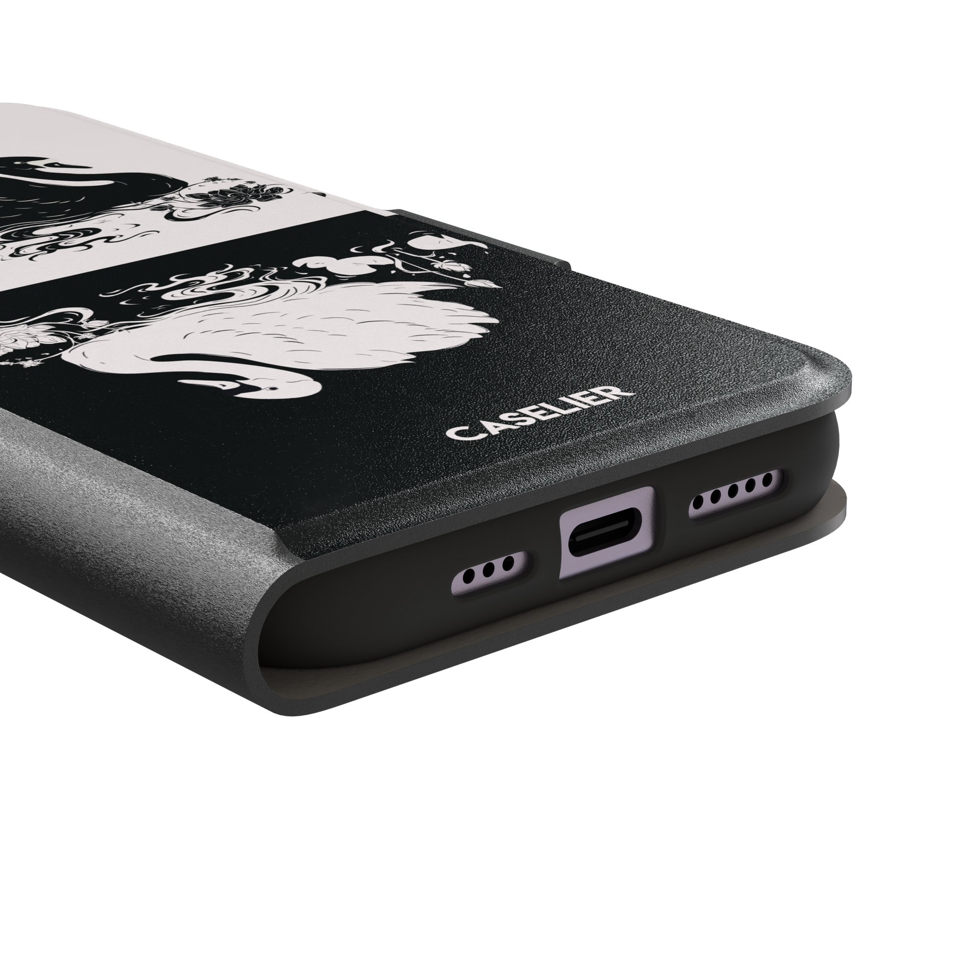 Reflection phone case in inverted colorway with a black swan on a cream upper half and a white swan on a deep black lower half, with matching lotus and water motifs — wallet case, charging port detail