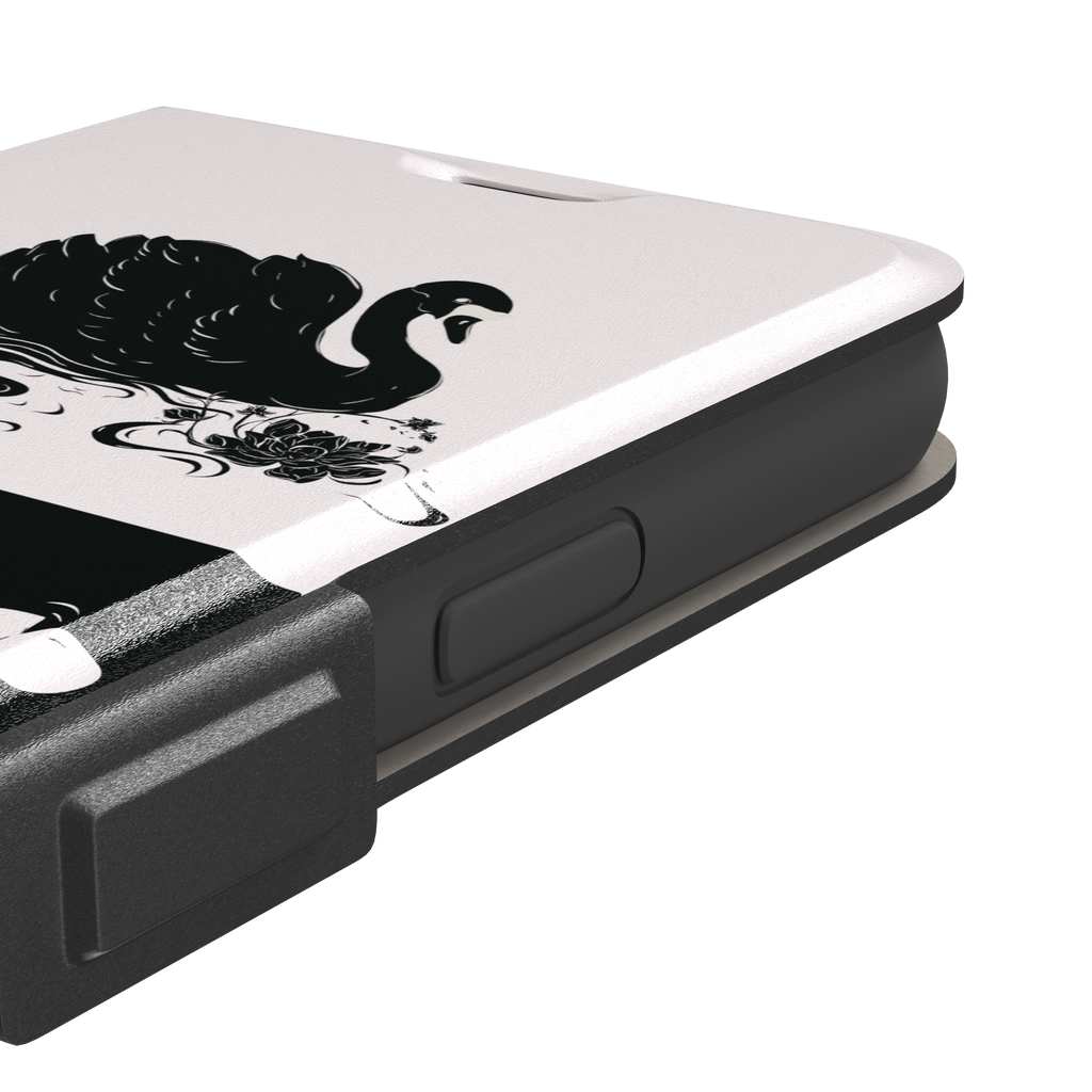 Reflection phone case in inverted colorway with a black swan on a cream upper half and a white swan on a deep black lower half, with matching lotus and water motifs — wallet case, volume buttons detail