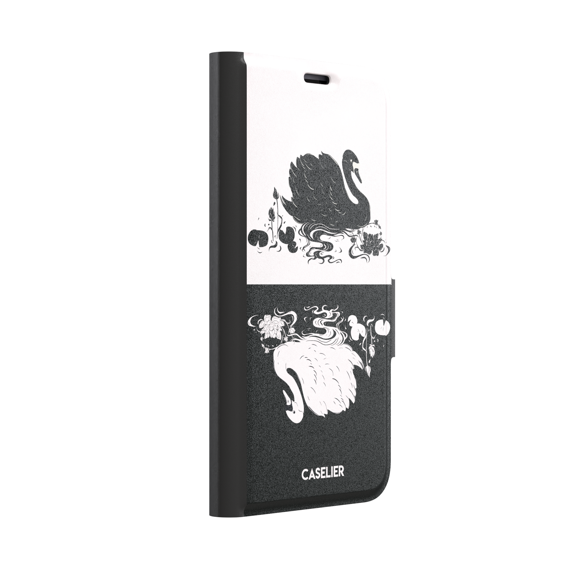 Reflection phone case in inverted colorway with a black swan on a cream upper half and a white swan on a deep black lower half, with matching lotus and water motifs — wallet case, left view