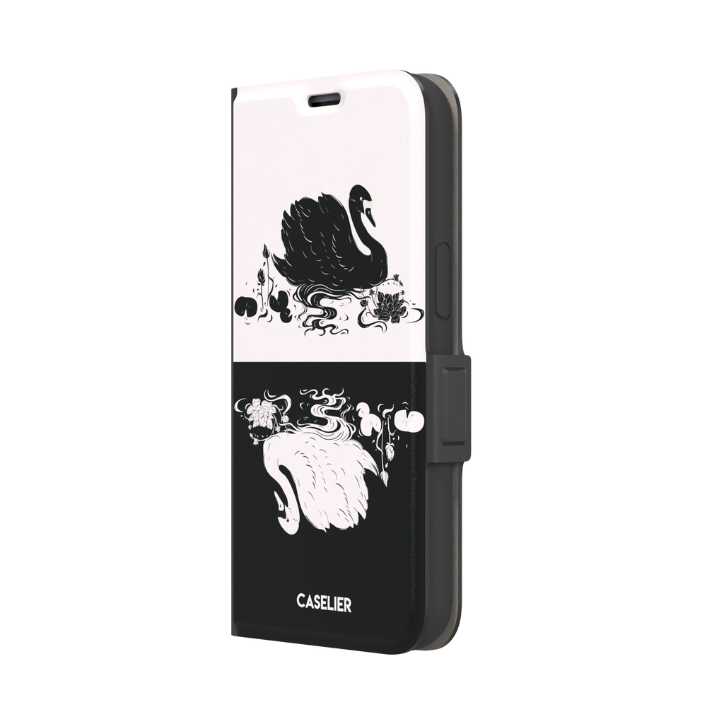 Reflection phone case in inverted colorway with a black swan on a cream upper half and a white swan on a deep black lower half, with matching lotus and water motifs — wallet case, right view