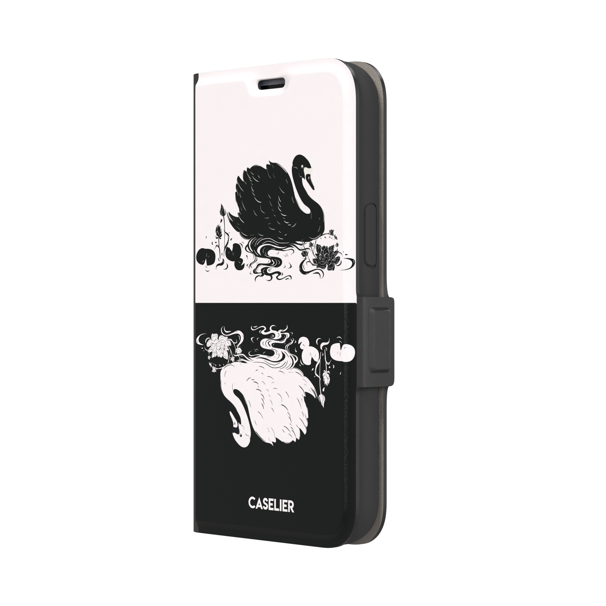 Reflection phone case in inverted colorway with a black swan on a cream upper half and a white swan on a deep black lower half, with matching lotus and water motifs — wallet case, right view