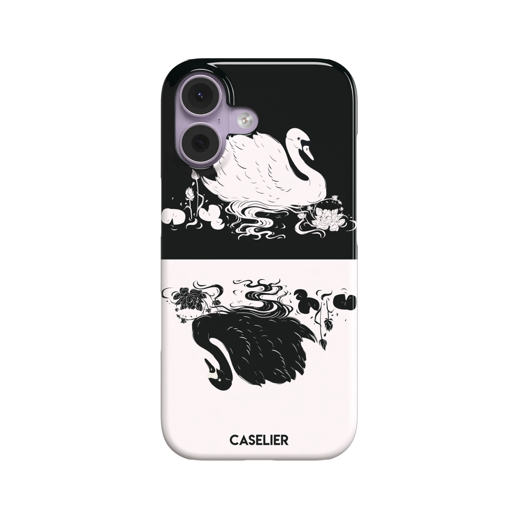 Reflection phone case showing a white swan on a black upper half mirrored by a black swan on a cream lower half, surrounded by lotus flowers and swirling water in ink illustration style — snap case, front view