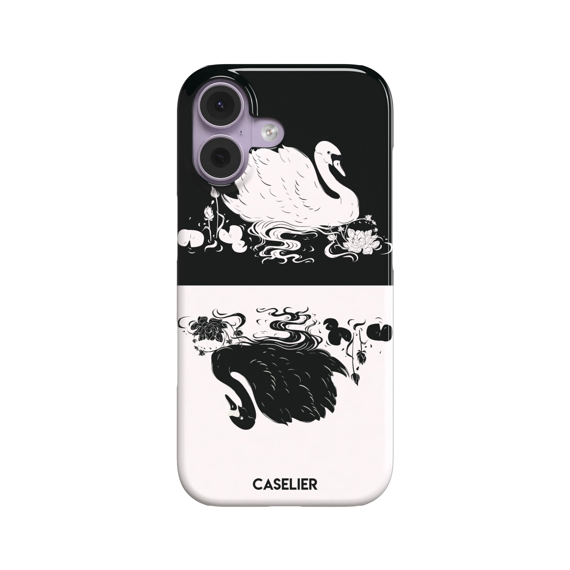 Reflection phone case showing a white swan on a black upper half mirrored by a black swan on a cream lower half, surrounded by lotus flowers and swirling water in ink illustration style — snap case, front view