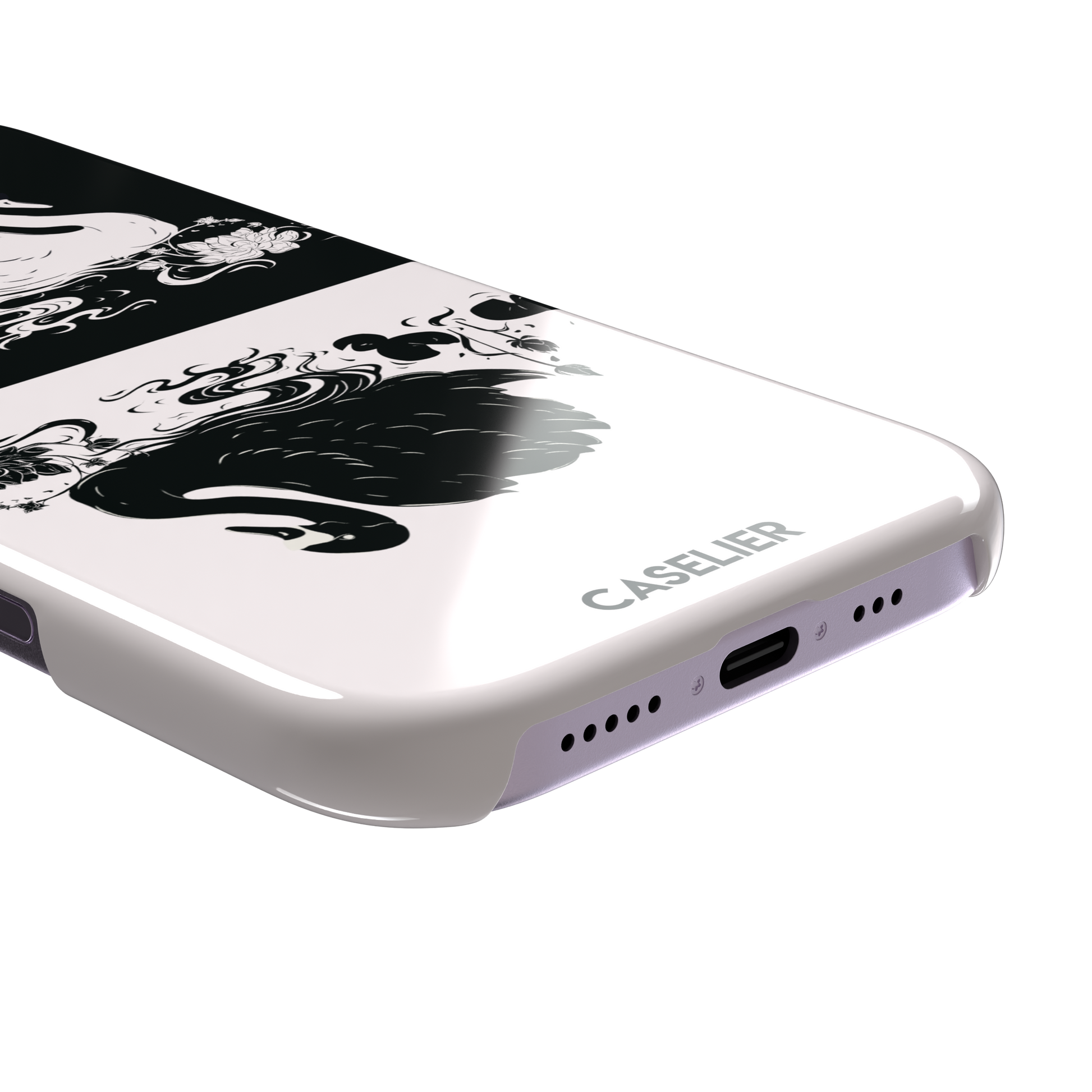 Reflection phone case showing a white swan on a black upper half mirrored by a black swan on a cream lower half, surrounded by lotus flowers and swirling water in ink illustration style — snap case, charging port detail