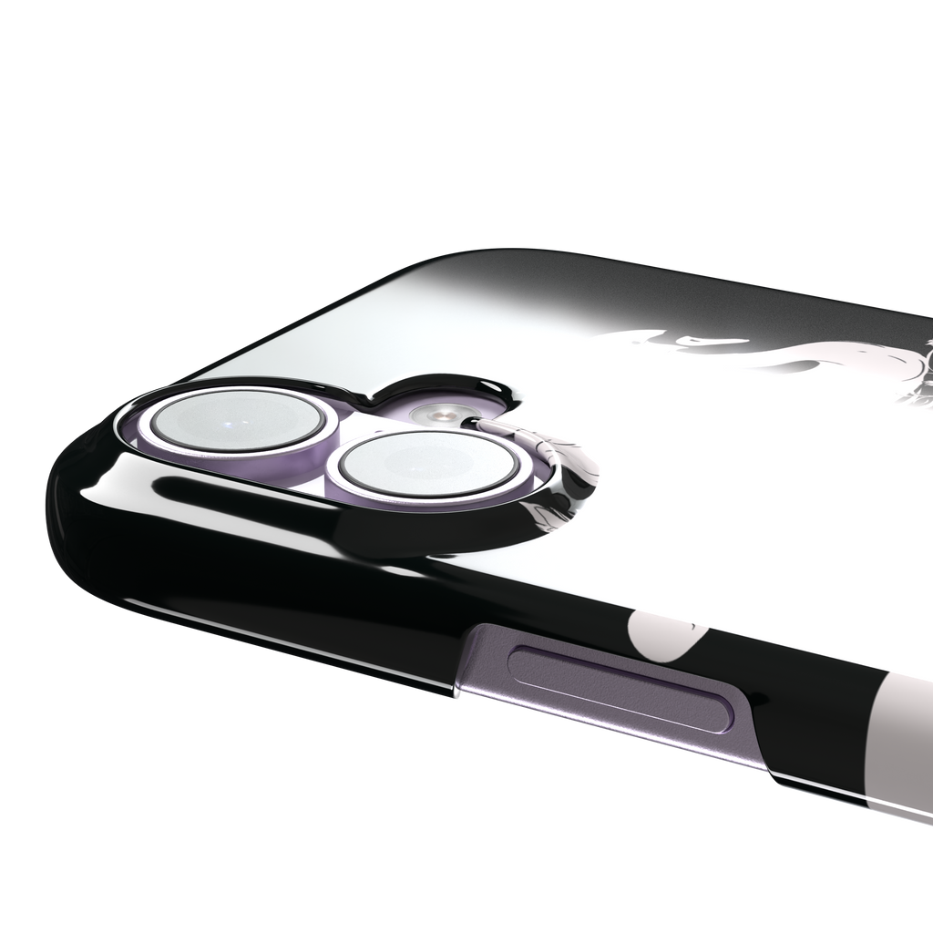 Reflection phone case showing a white swan on a black upper half mirrored by a black swan on a cream lower half, surrounded by lotus flowers and swirling water in ink illustration style — snap case, volume buttons detail
