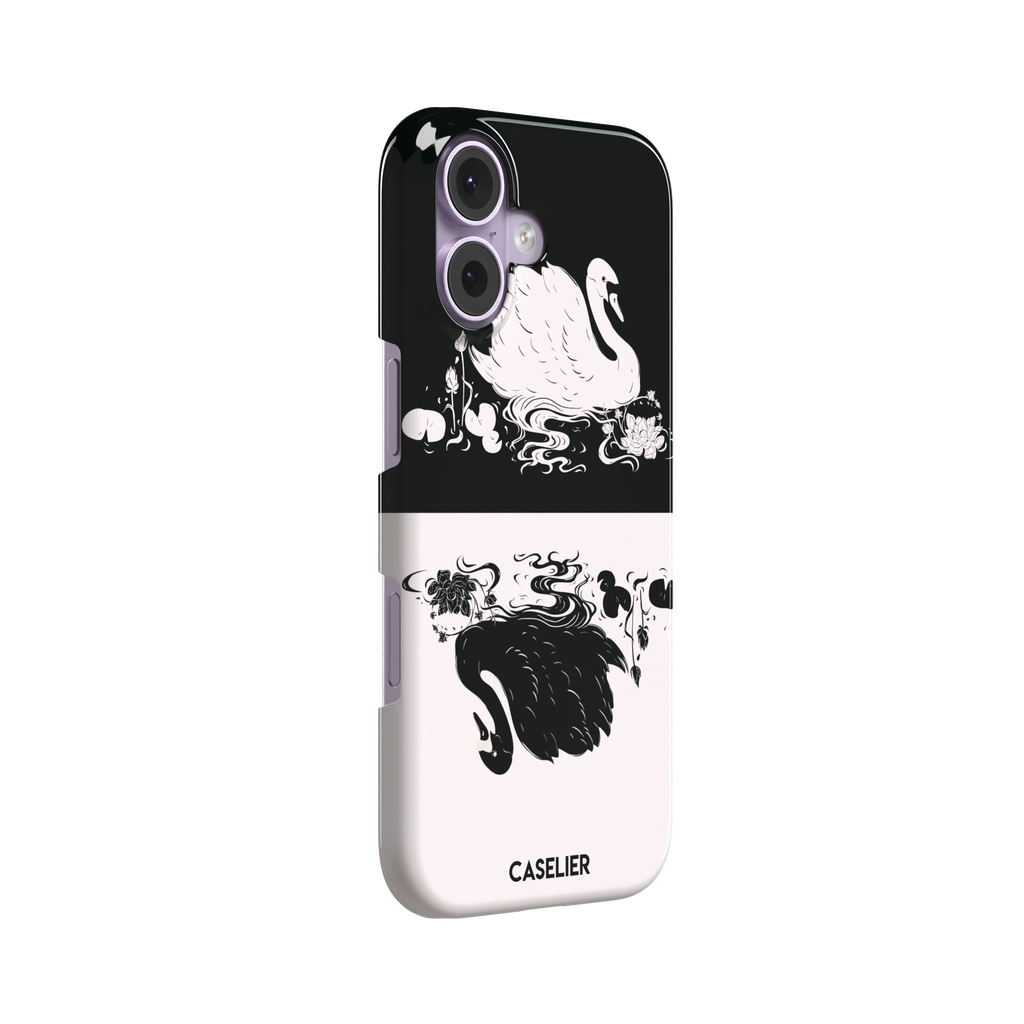 Reflection phone case showing a white swan on a black upper half mirrored by a black swan on a cream lower half, surrounded by lotus flowers and swirling water in ink illustration style — snap case, left view
