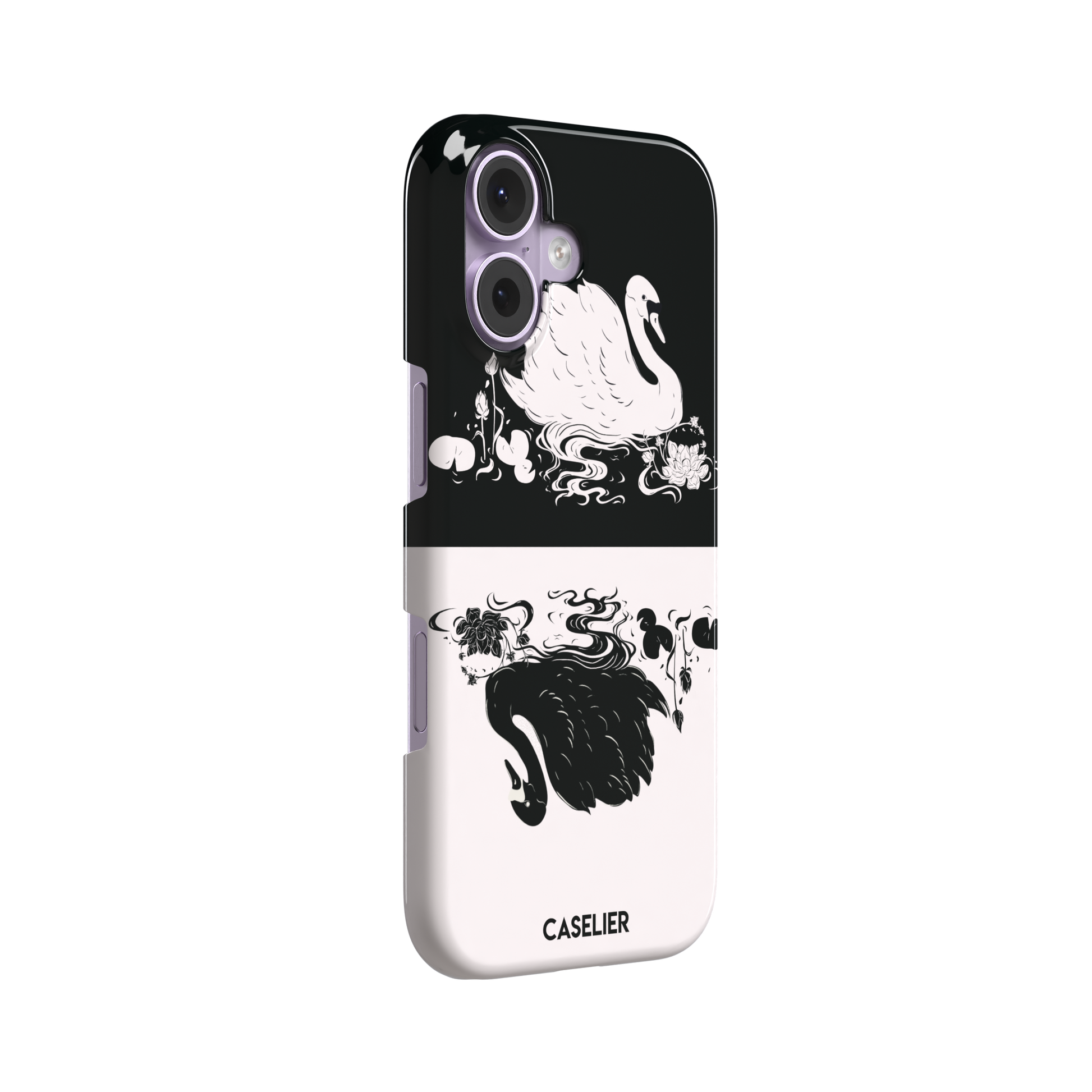 Reflection phone case showing a white swan on a black upper half mirrored by a black swan on a cream lower half, surrounded by lotus flowers and swirling water in ink illustration style — snap case, left view