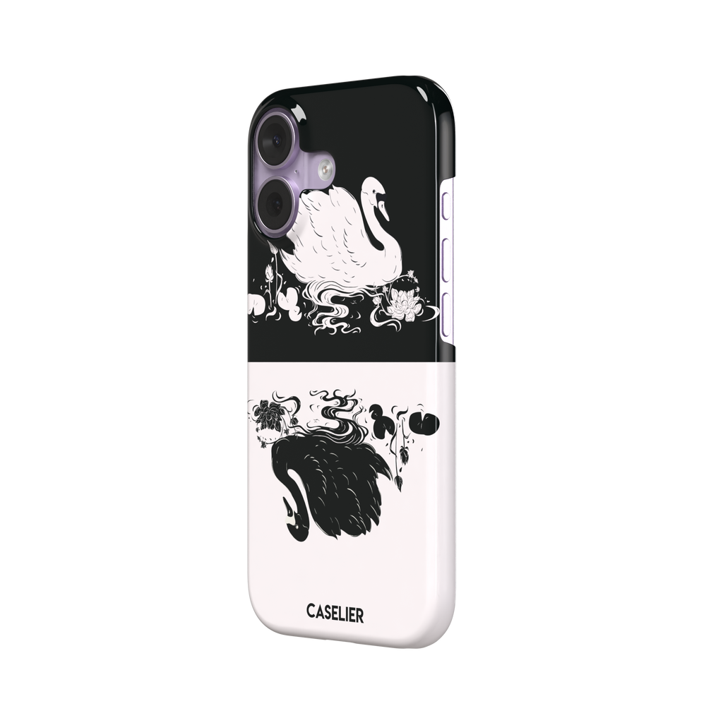 Reflection phone case showing a white swan on a black upper half mirrored by a black swan on a cream lower half, surrounded by lotus flowers and swirling water in ink illustration style — snap case, right view