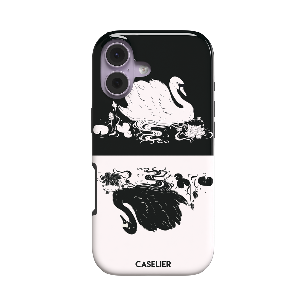 Reflection phone case showing a white swan on a black upper half mirrored by a black swan on a cream lower half, surrounded by lotus flowers and swirling water in ink illustration style — tough case, front view