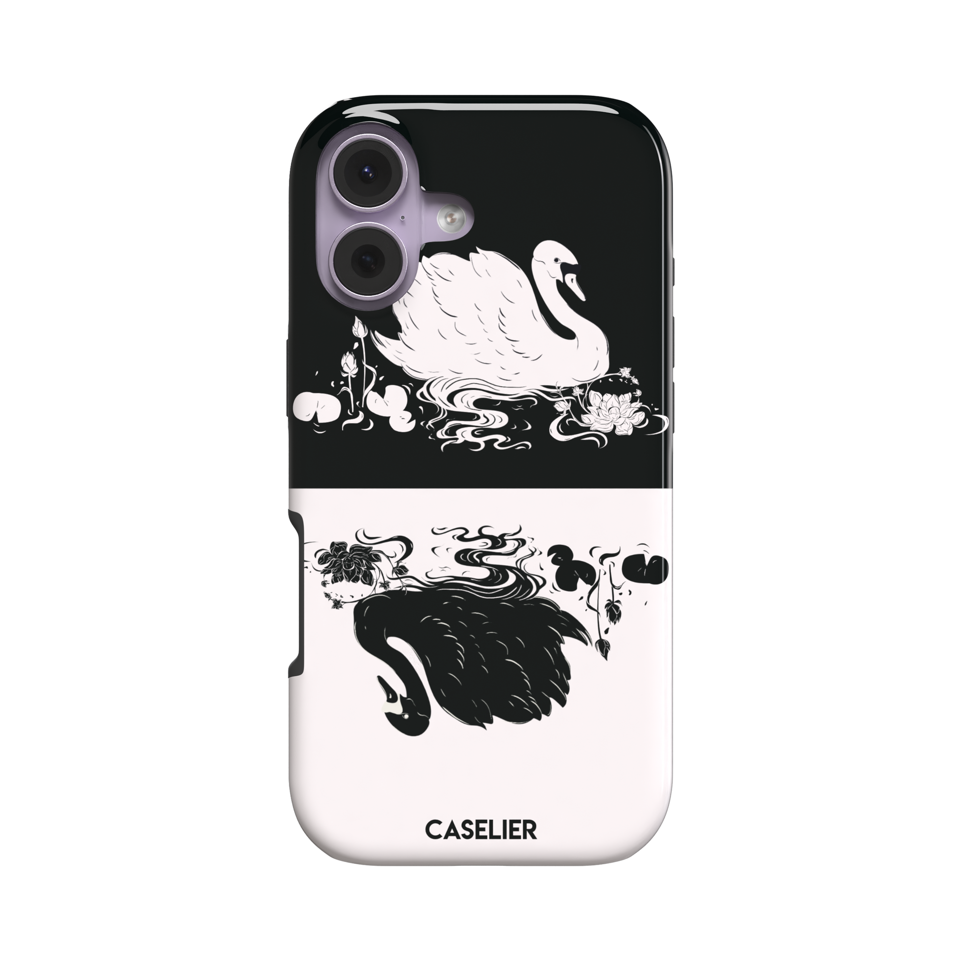 Reflection phone case showing a white swan on a black upper half mirrored by a black swan on a cream lower half, surrounded by lotus flowers and swirling water in ink illustration style — tough case, front view