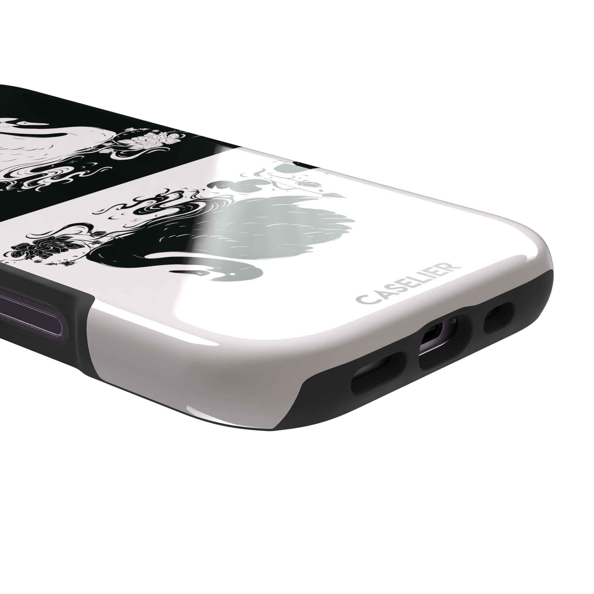 Reflection phone case showing a white swan on a black upper half mirrored by a black swan on a cream lower half, surrounded by lotus flowers and swirling water in ink illustration style — tough case, charging port detail