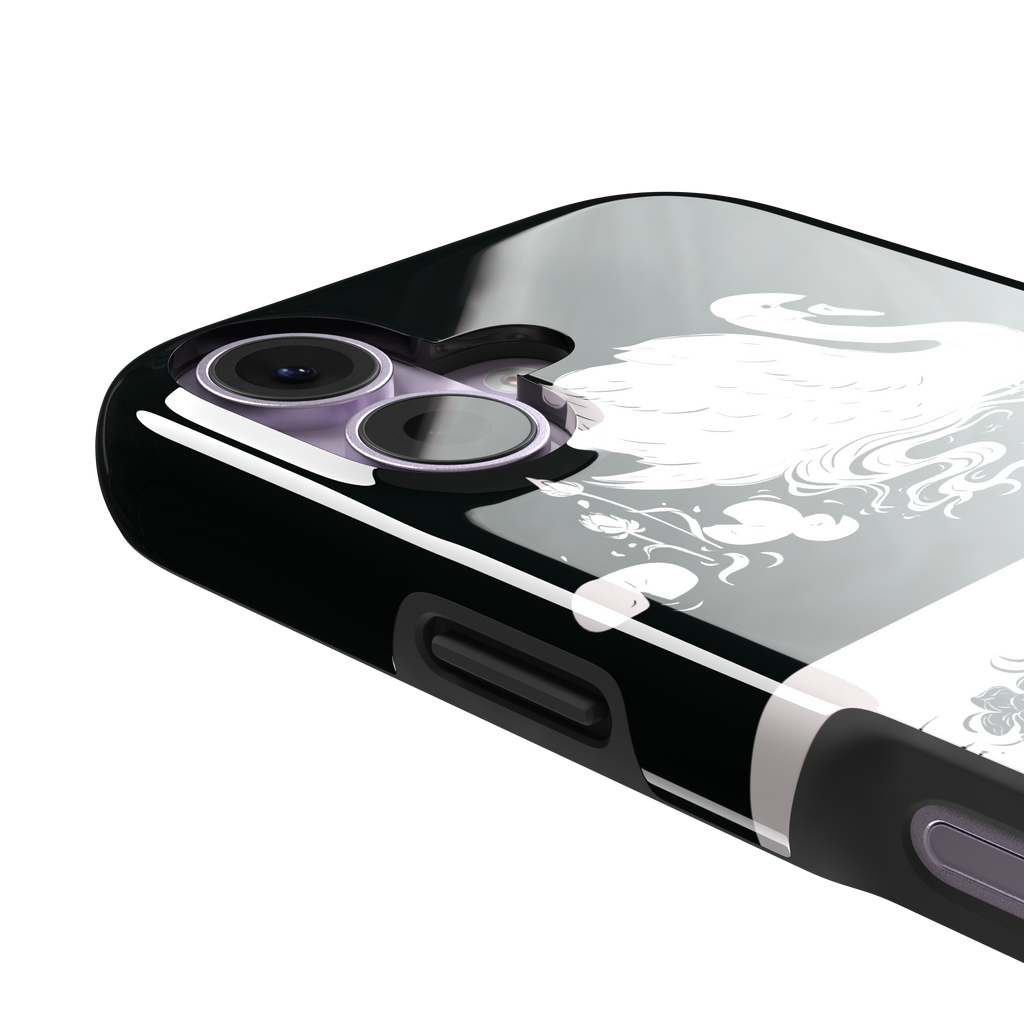 Reflection phone case showing a white swan on a black upper half mirrored by a black swan on a cream lower half, surrounded by lotus flowers and swirling water in ink illustration style — tough case, volume buttons detail