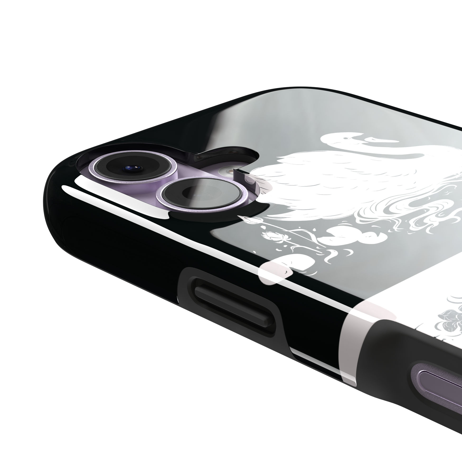 Reflection phone case showing a white swan on a black upper half mirrored by a black swan on a cream lower half, surrounded by lotus flowers and swirling water in ink illustration style — tough case, volume buttons detail