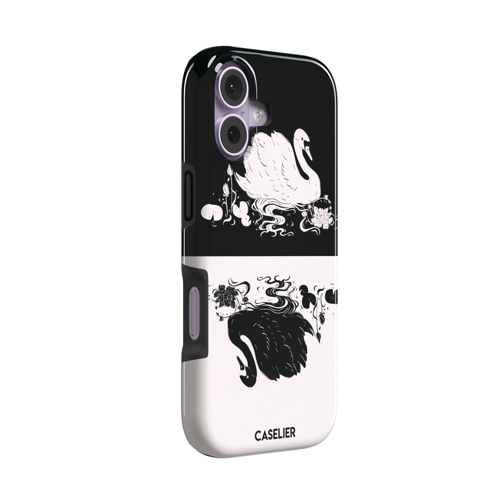 Reflection phone case showing a white swan on a black upper half mirrored by a black swan on a cream lower half, surrounded by lotus flowers and swirling water in ink illustration style — tough case, left view
