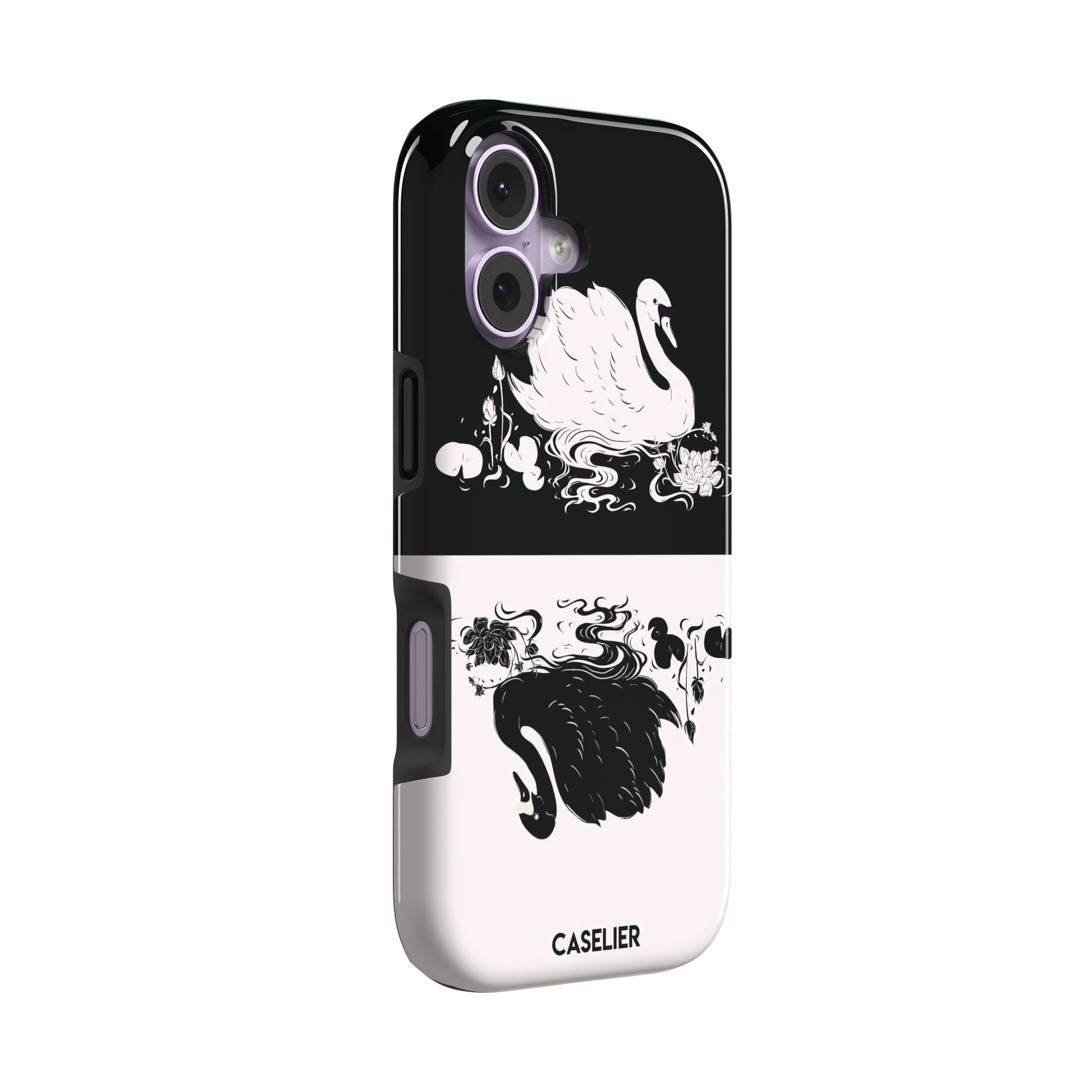 Reflection phone case showing a white swan on a black upper half mirrored by a black swan on a cream lower half, surrounded by lotus flowers and swirling water in ink illustration style — tough case, left view