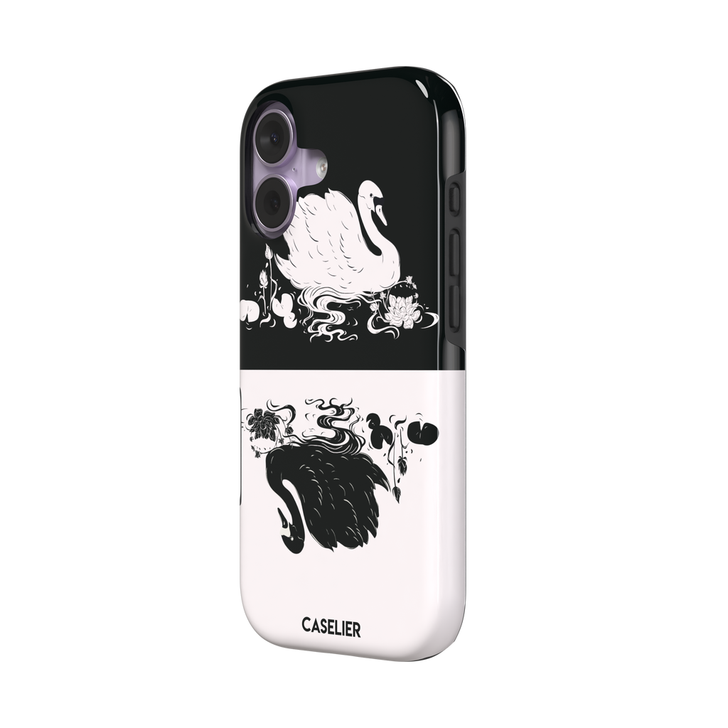 Reflection phone case showing a white swan on a black upper half mirrored by a black swan on a cream lower half, surrounded by lotus flowers and swirling water in ink illustration style — tough case, right view