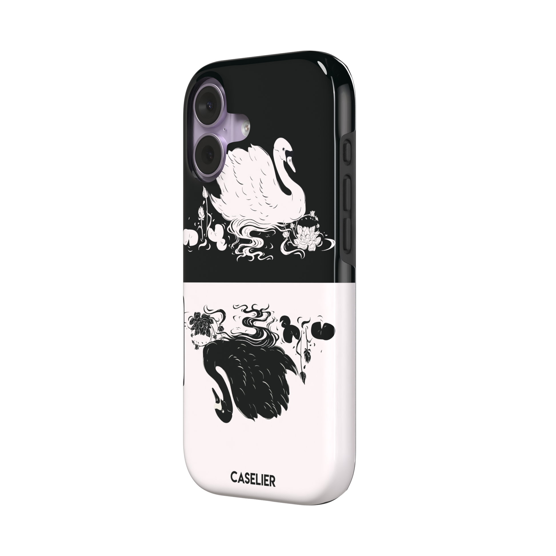 Reflection phone case showing a white swan on a black upper half mirrored by a black swan on a cream lower half, surrounded by lotus flowers and swirling water in ink illustration style — tough case, right view