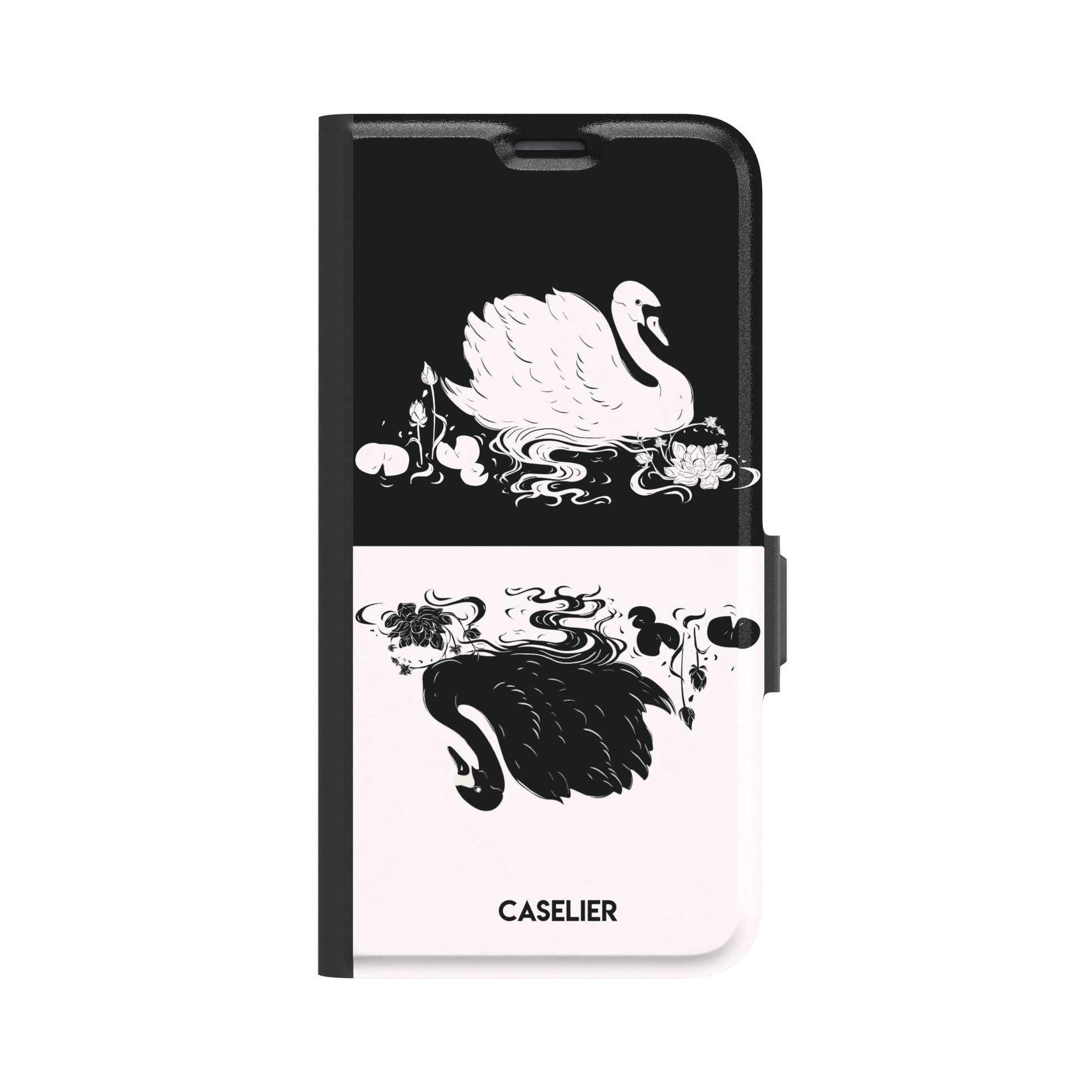 Reflection phone case showing a white swan on a black upper half mirrored by a black swan on a cream lower half, surrounded by lotus flowers and swirling water in ink illustration style — wallet case, front view
