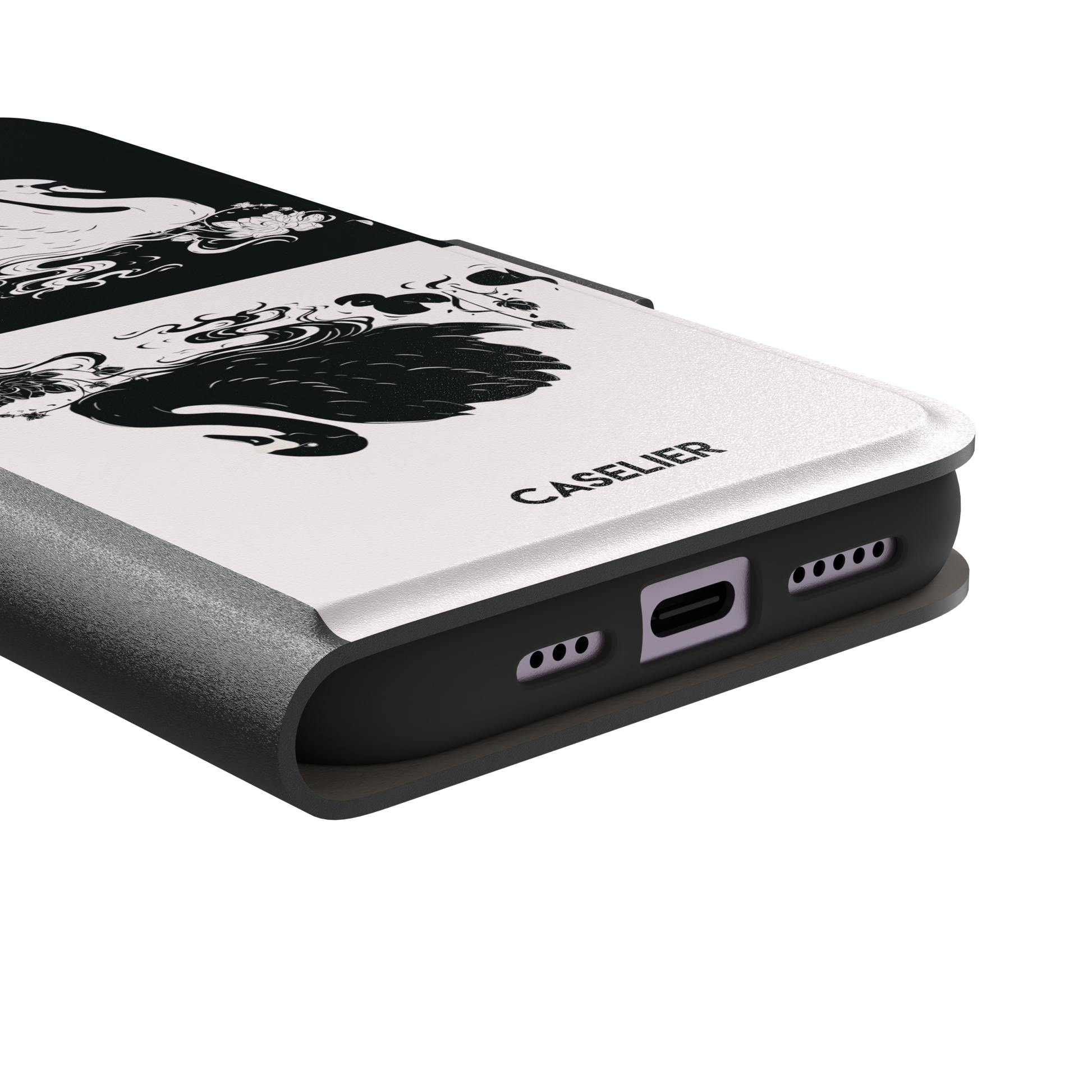 Reflection phone case showing a white swan on a black upper half mirrored by a black swan on a cream lower half, surrounded by lotus flowers and swirling water in ink illustration style — wallet case, charging port detail