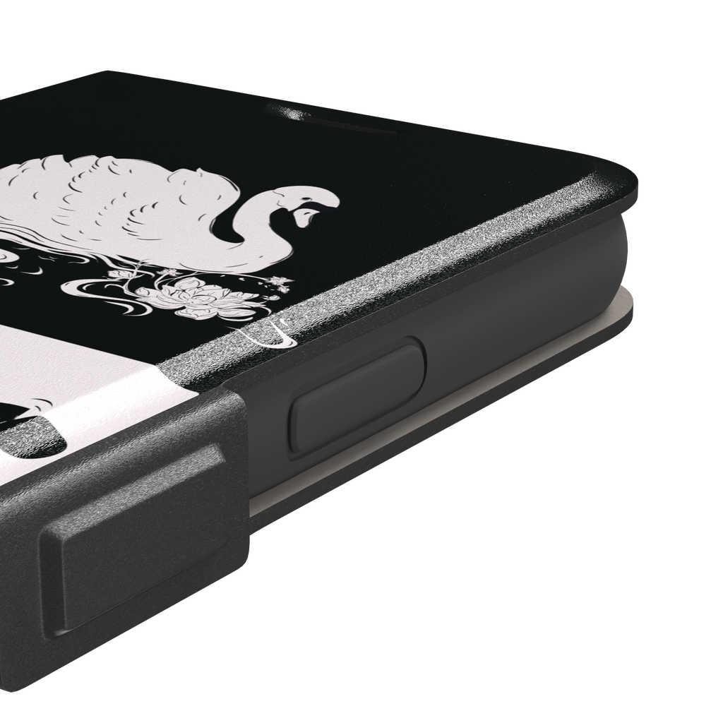 Reflection phone case showing a white swan on a black upper half mirrored by a black swan on a cream lower half, surrounded by lotus flowers and swirling water in ink illustration style — wallet case, volume buttons detail