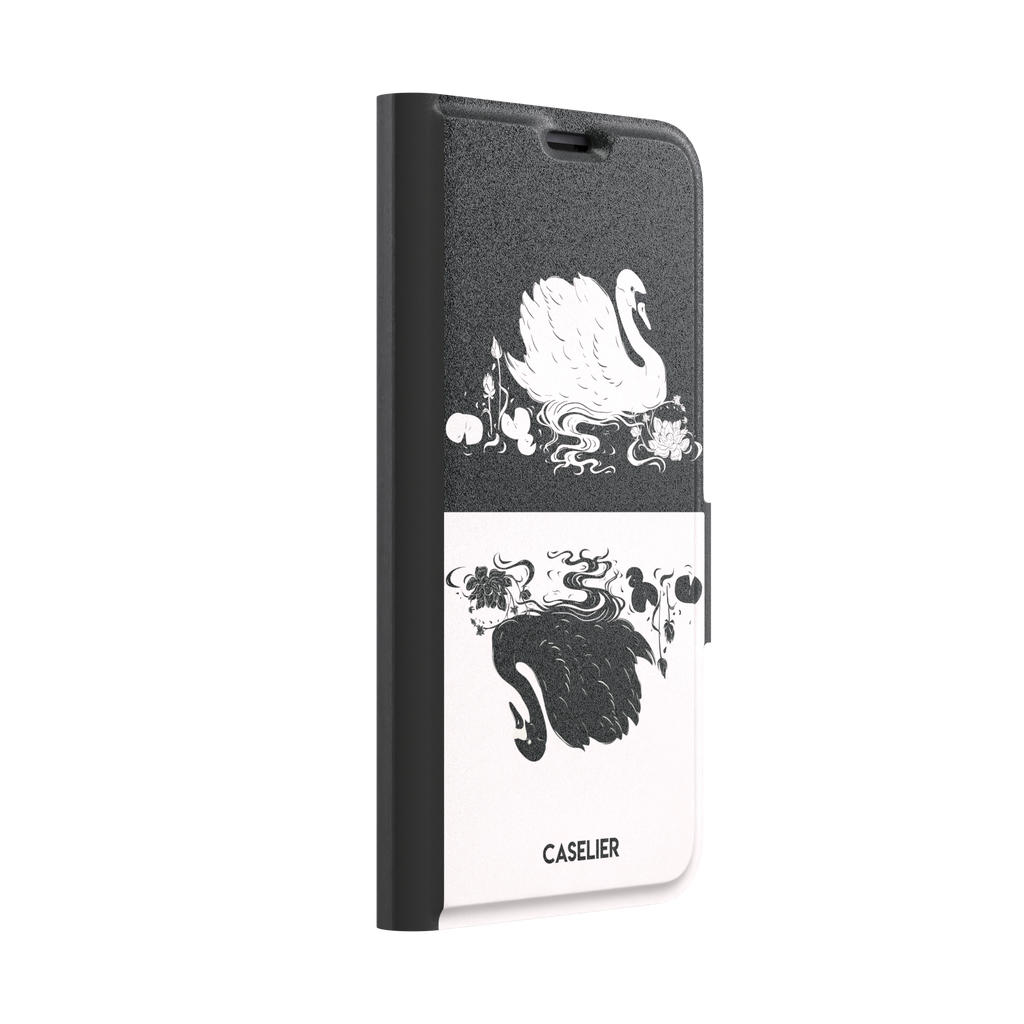 Reflection phone case showing a white swan on a black upper half mirrored by a black swan on a cream lower half, surrounded by lotus flowers and swirling water in ink illustration style — wallet case, left view