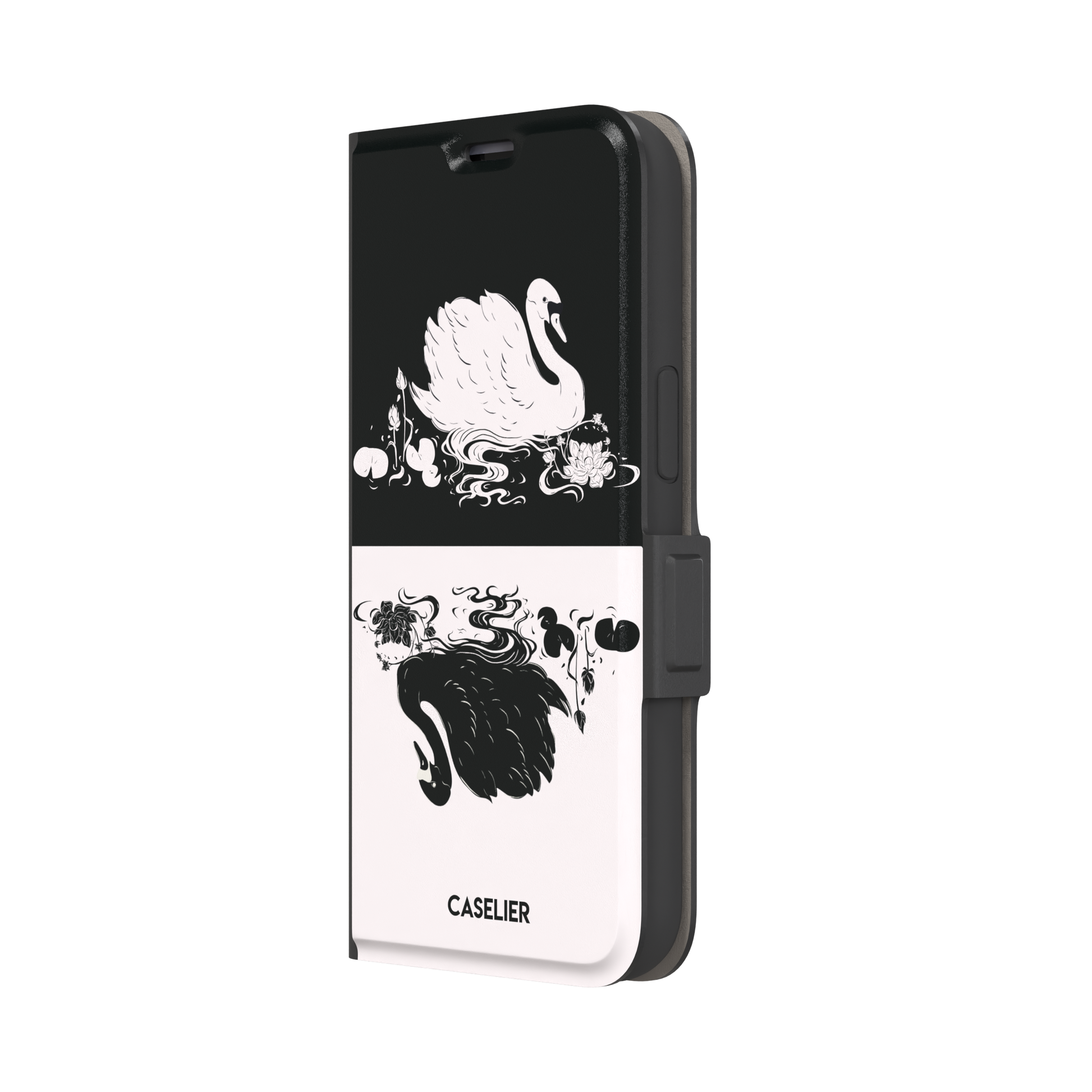 Reflection phone case showing a white swan on a black upper half mirrored by a black swan on a cream lower half, surrounded by lotus flowers and swirling water in ink illustration style — wallet case, right view