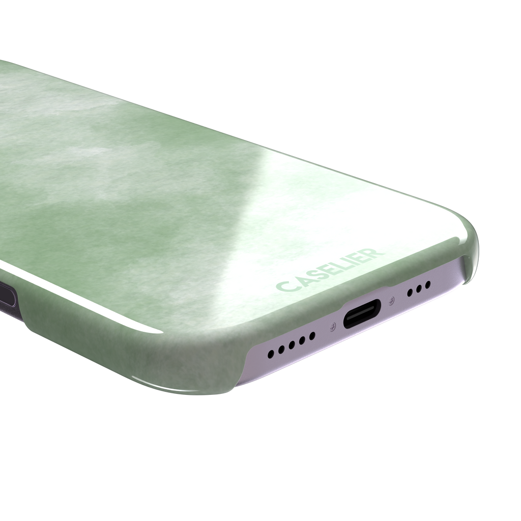 Sage Green watercolor phone case with soft misty sage and white wash texture, phone case by Caselier — snap case, charging port detail
